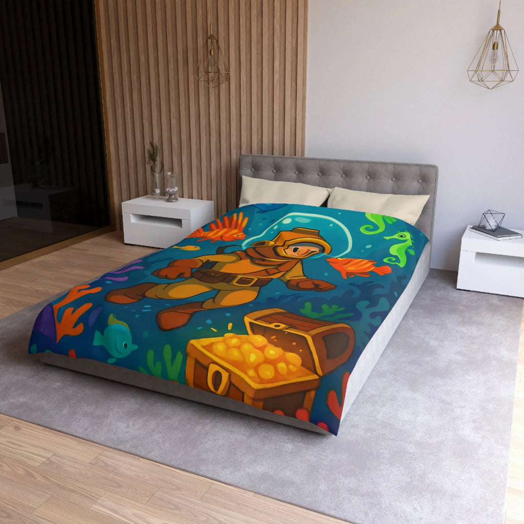 Housse de couette enfant aventure sous-marine avec plongeur et trésor coloré en dessin animé