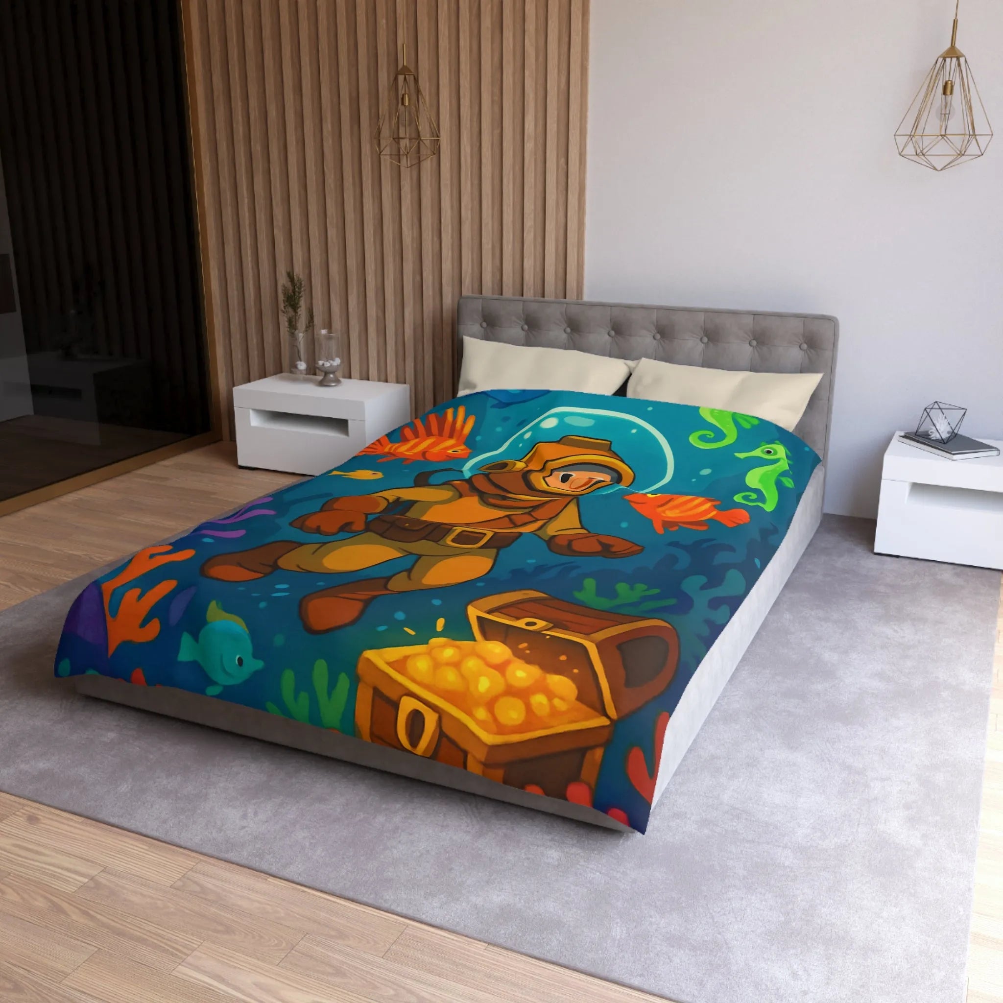 Housse de couette enfant aventure sous-marine avec plongeur et trésor coloré en dessin animé