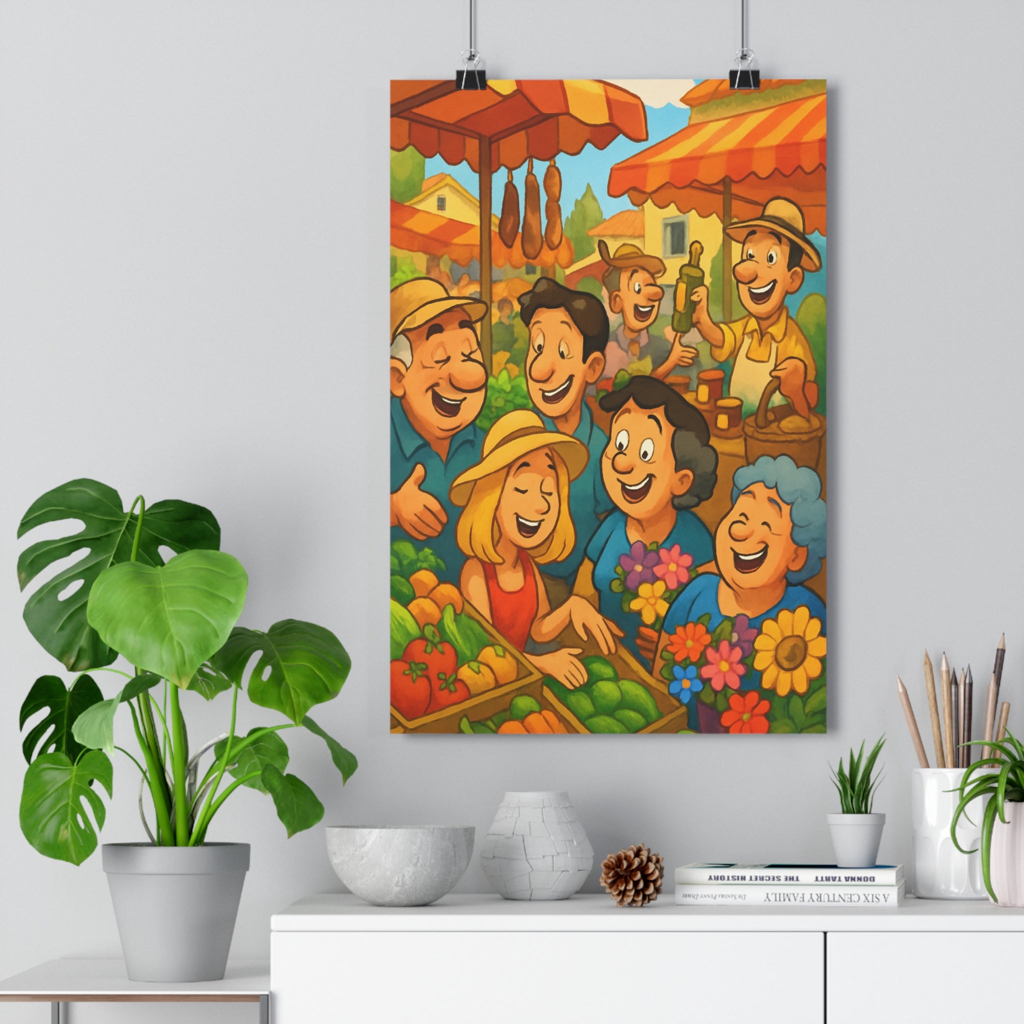 Poster décoratif cartoon joyeux cuisine salon provençal marché animé couleurs chaudes format 30x46 convivialité