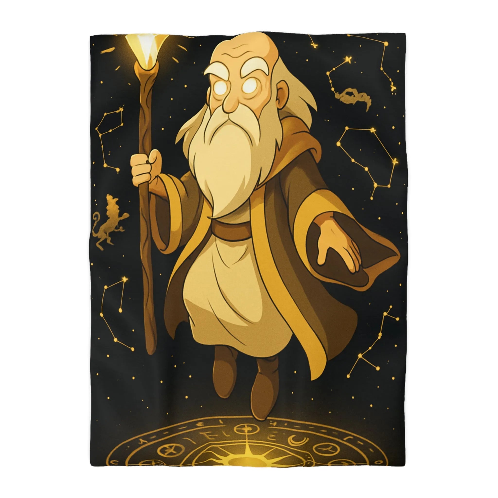 Housse de couette avec magicien illuminé et constellations dorées pour chambres enchantées