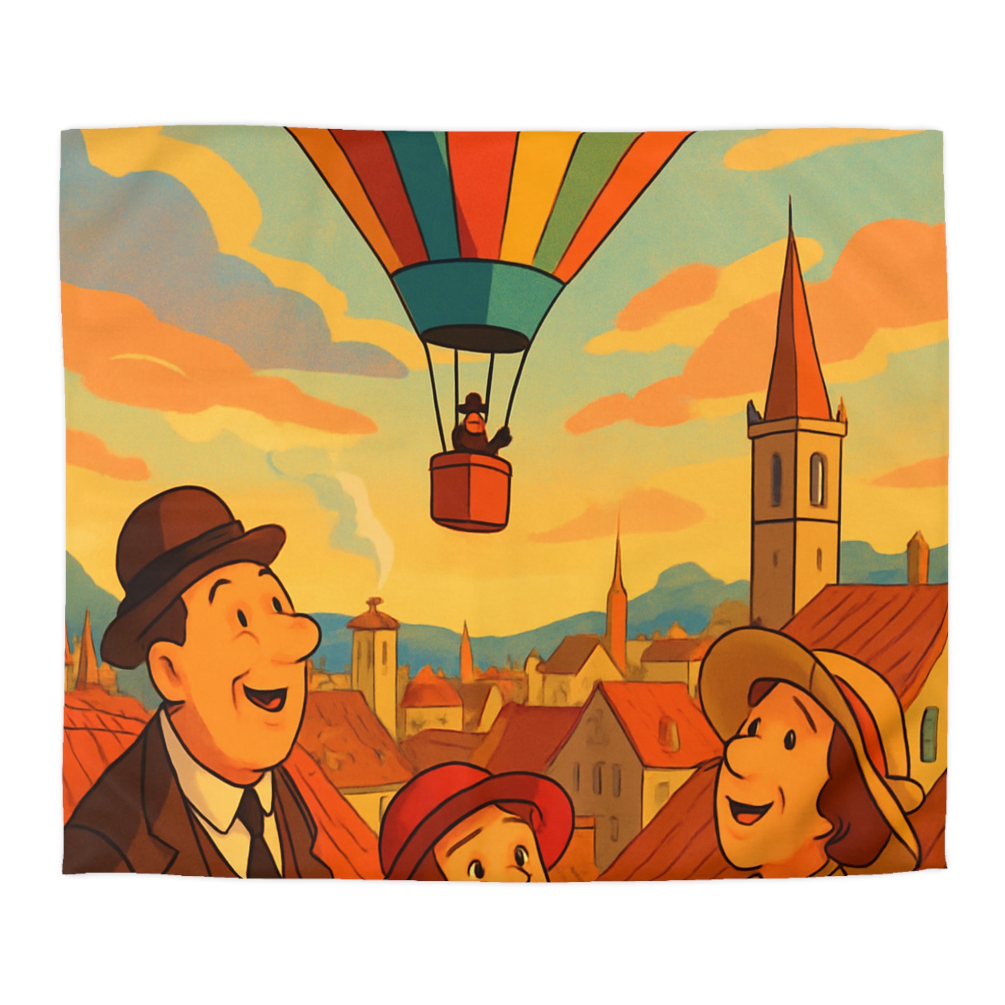 Housse de couette vintage avec montgolfière colorée et paysage urbain animé