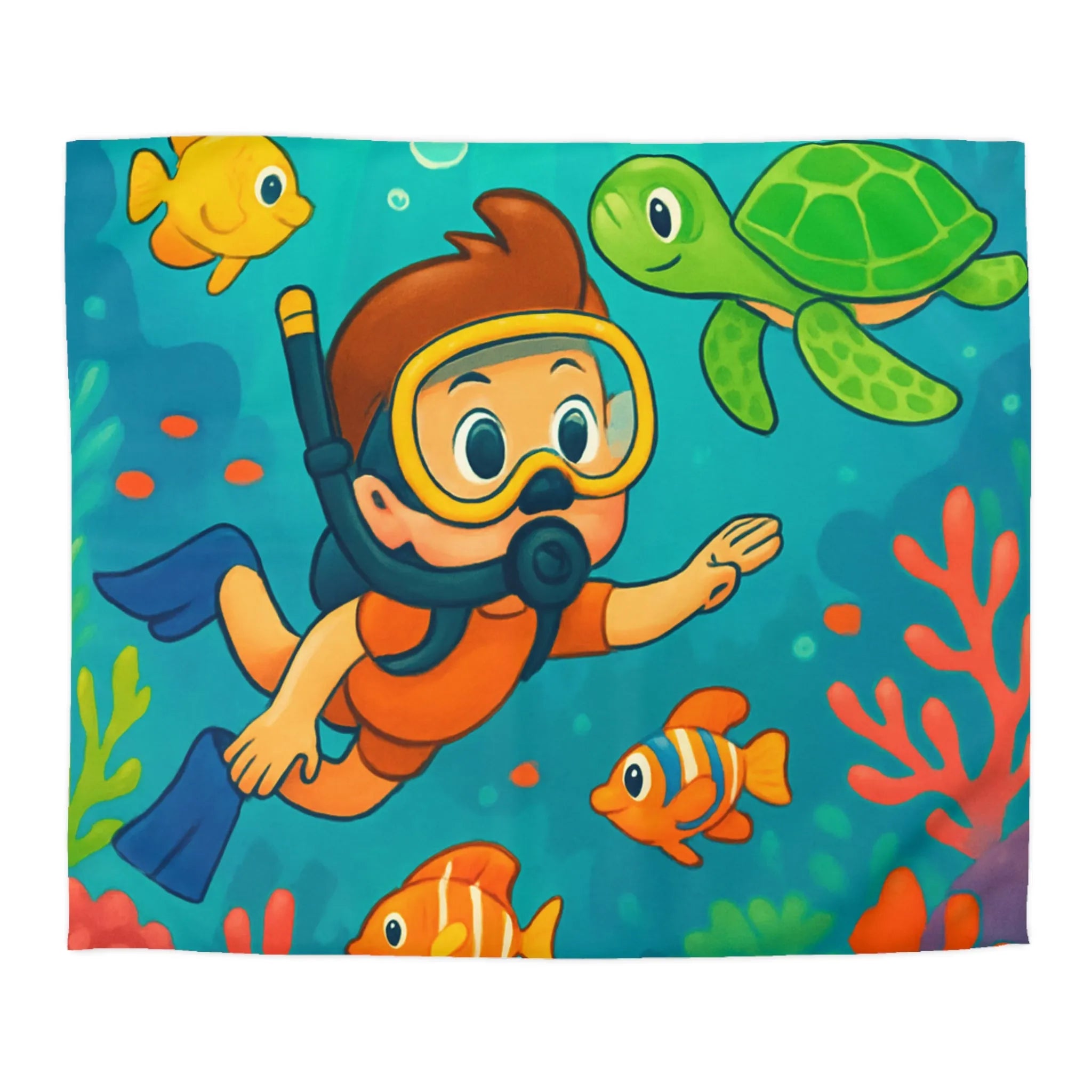 Housse de couette enfant avec dessin coloré sous-marin, snorkeling, poissons et tortue