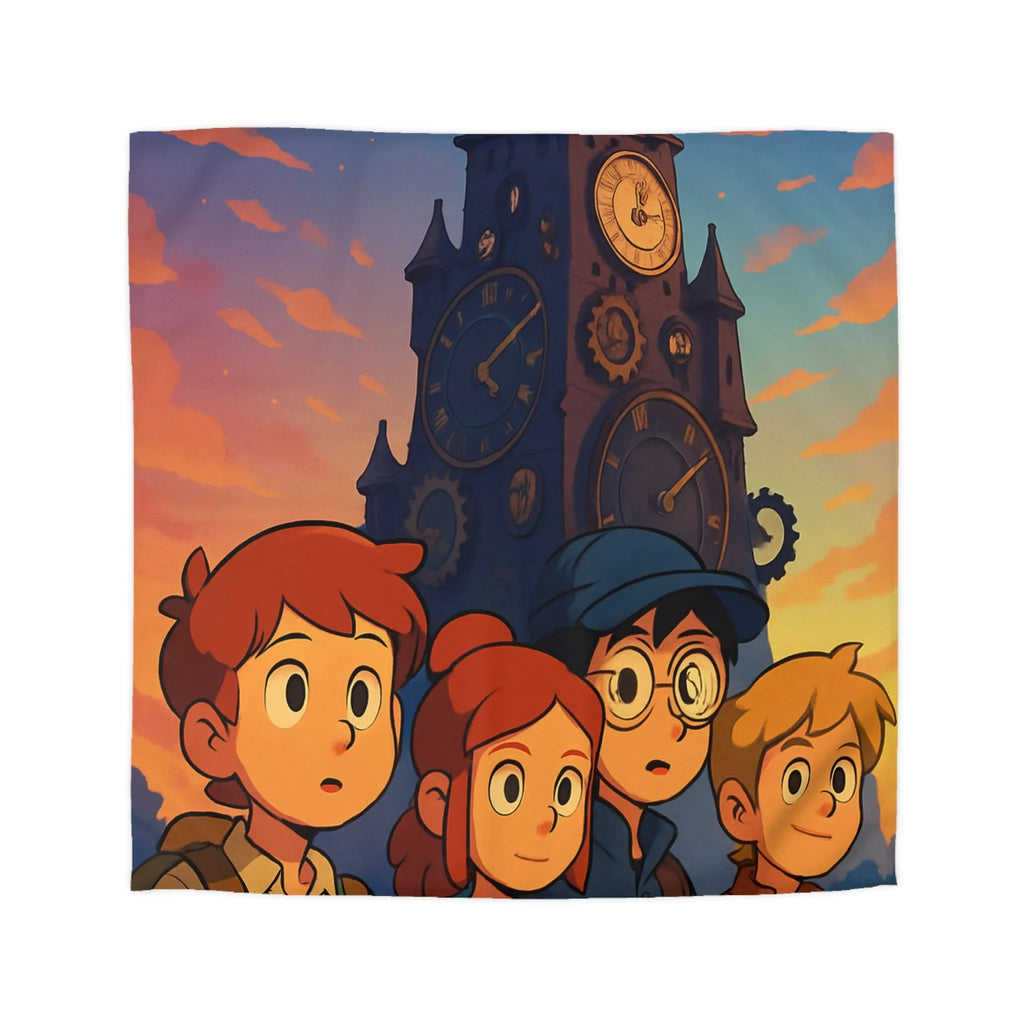 Housse de couette illustrée aventure jeunesse horloges coucher de soleil style animé vibrant