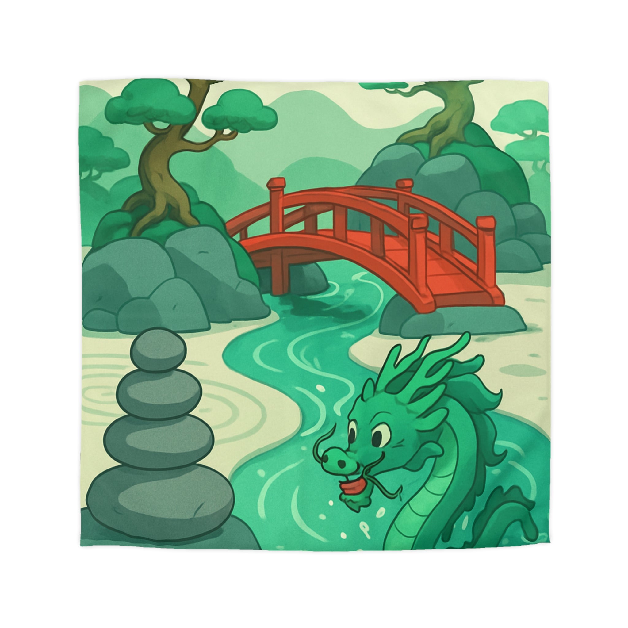 Magnifique housse de couette dragon vert dans jardin zen avec pont rouge