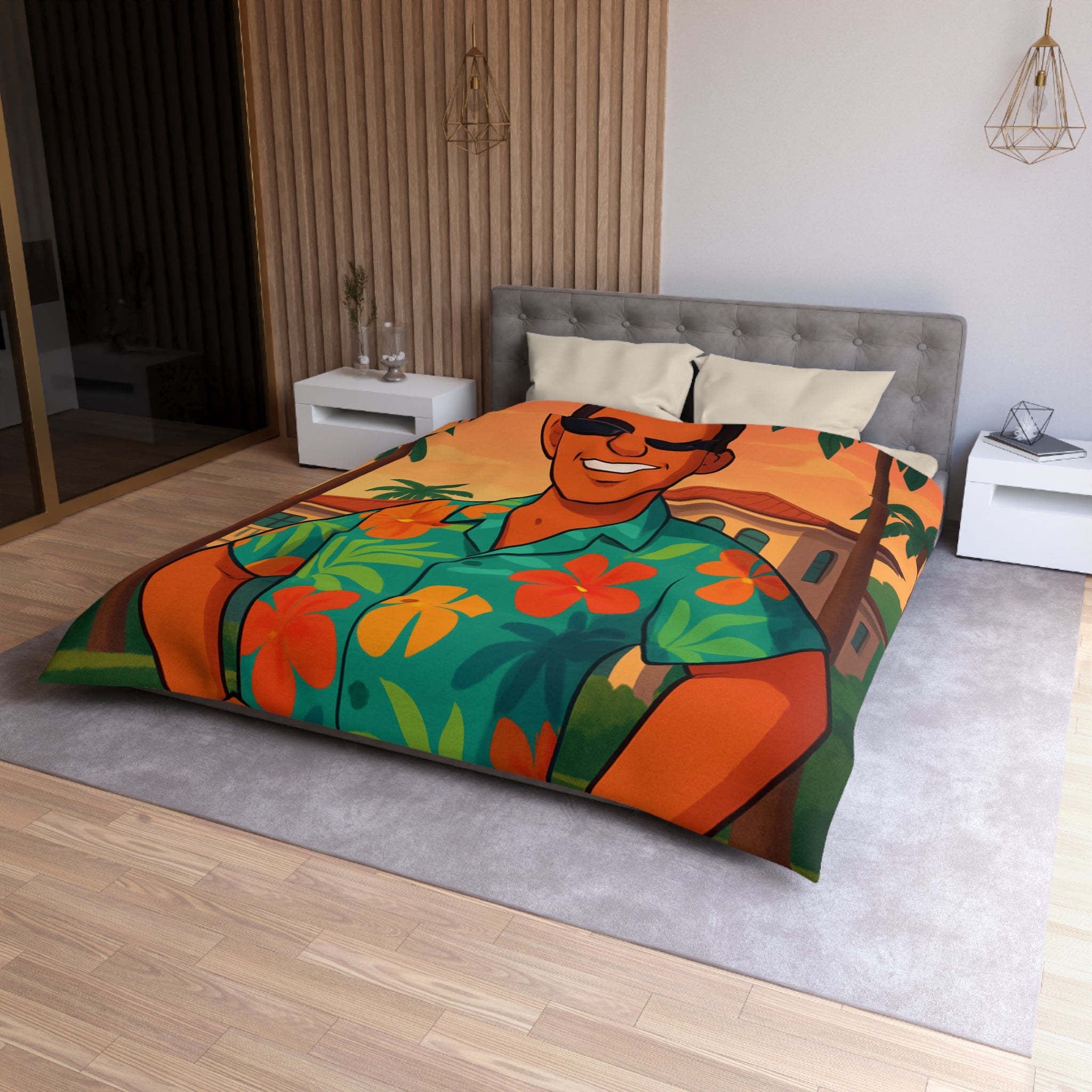 Housse de couette tropicale avec personnage souriant en chemise hawaïenne et palmiers