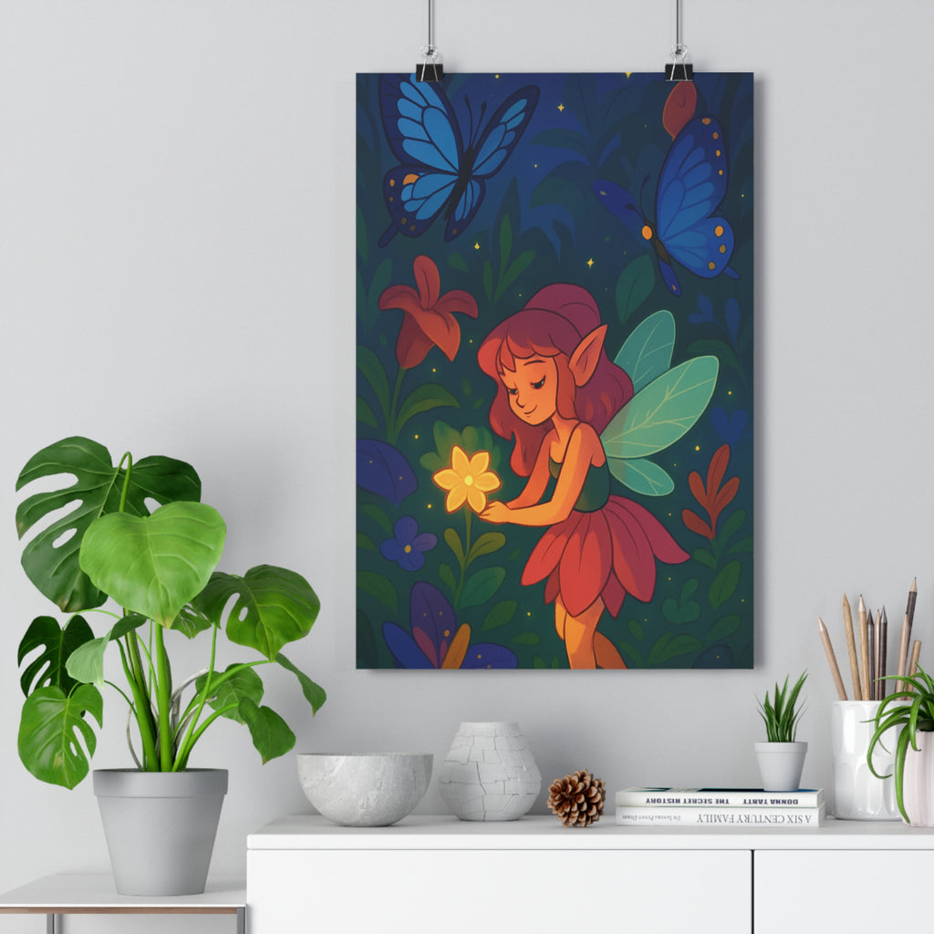 Poster décoratif cartoon fée magique vert pastel enfant chambre jardin fleurs nature apaisant 30x46