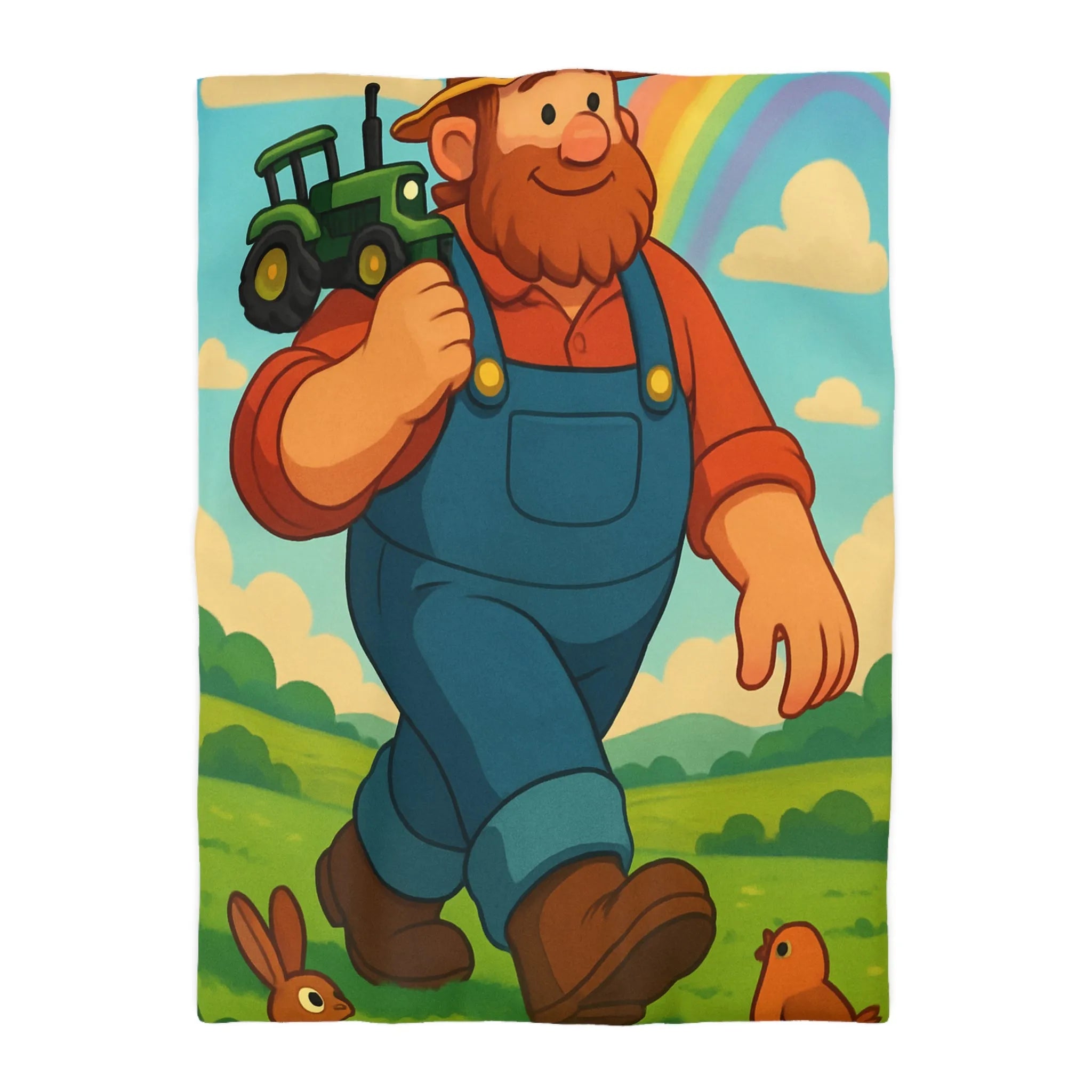 Housse de couette fermier joyeux avec animaux, arc-en-ciel et tracteur, paysage coloré