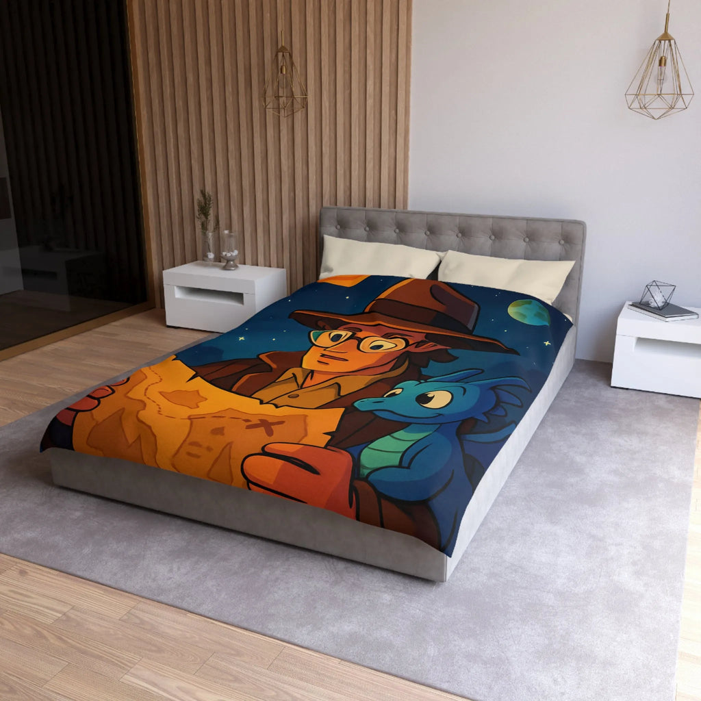 Aventure nocturne avec explorateur et dragon bleu sous planètes mystiques sur fond étoilé