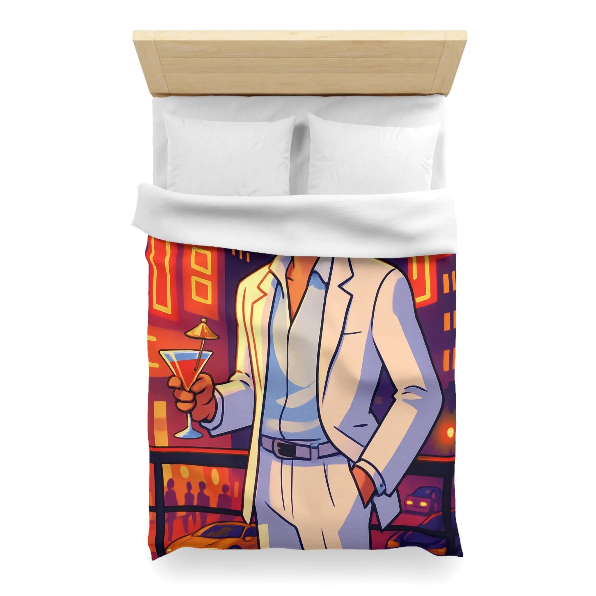 Housse de Couette Élégante avec Illustration Nocturne, Martini et Élégant Costume Blanc