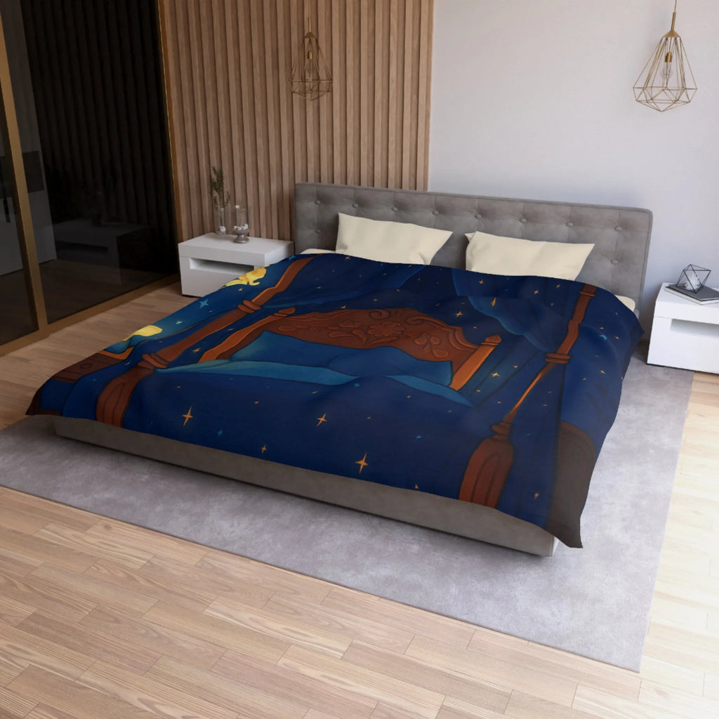 Housse de couette bleue étoilée avec fées et chat endormi, ambiance féérique