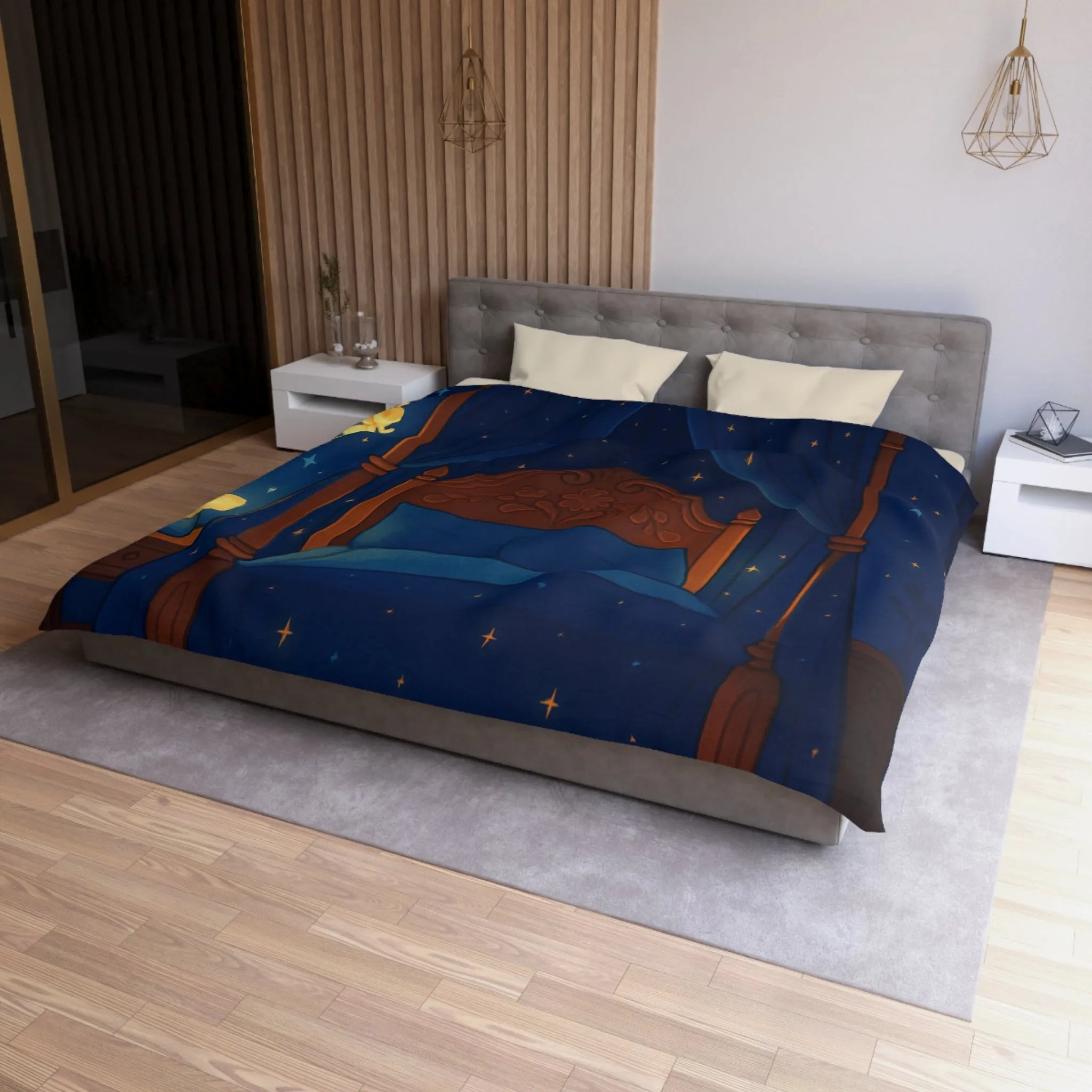 Housse de couette bleue étoilée avec fées et chat endormi, ambiance féérique