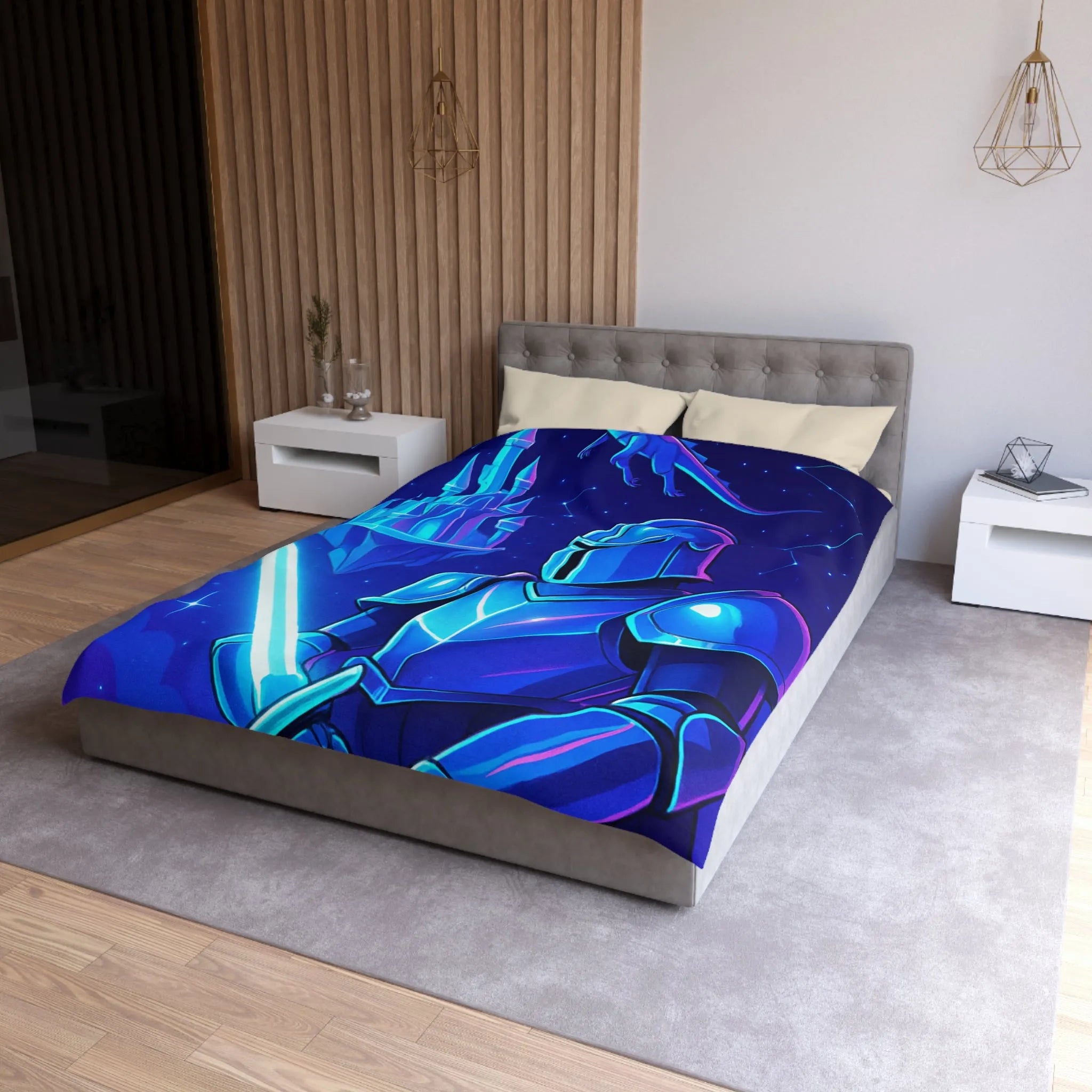 Housse de couette fantastique avec chevalier et dragon, ambiance médiévale et couleurs vives