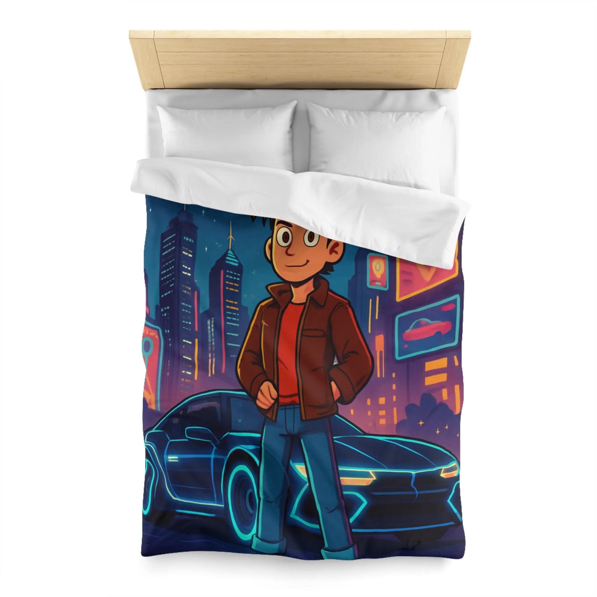 Housse de Couette Future Enfant Ville Nocturne Néons Jeune Garçon et Voiture