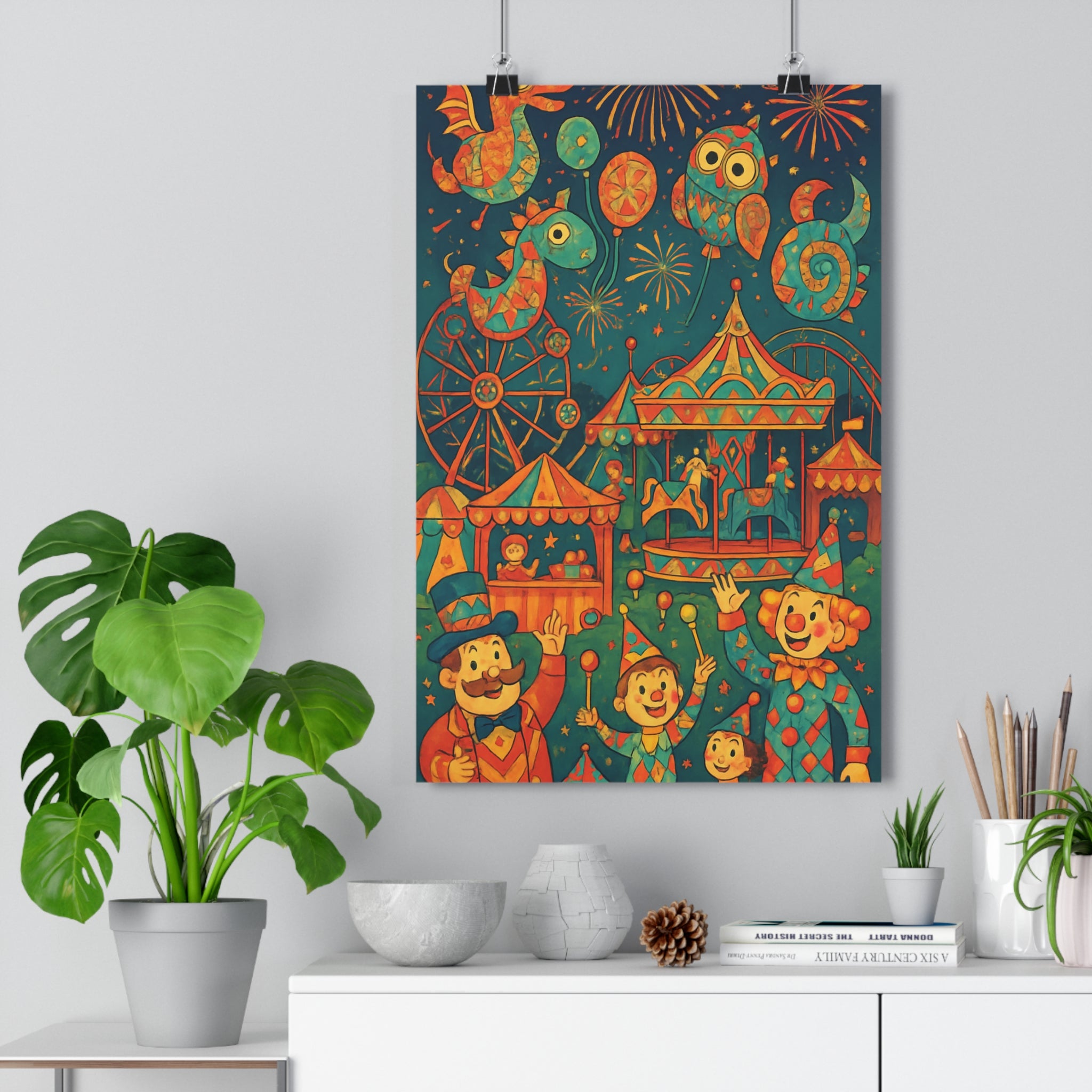 Poster décoratif coloré joyeux fête foraine enfant chambre bleu rouge vintage amusant ambiance festive