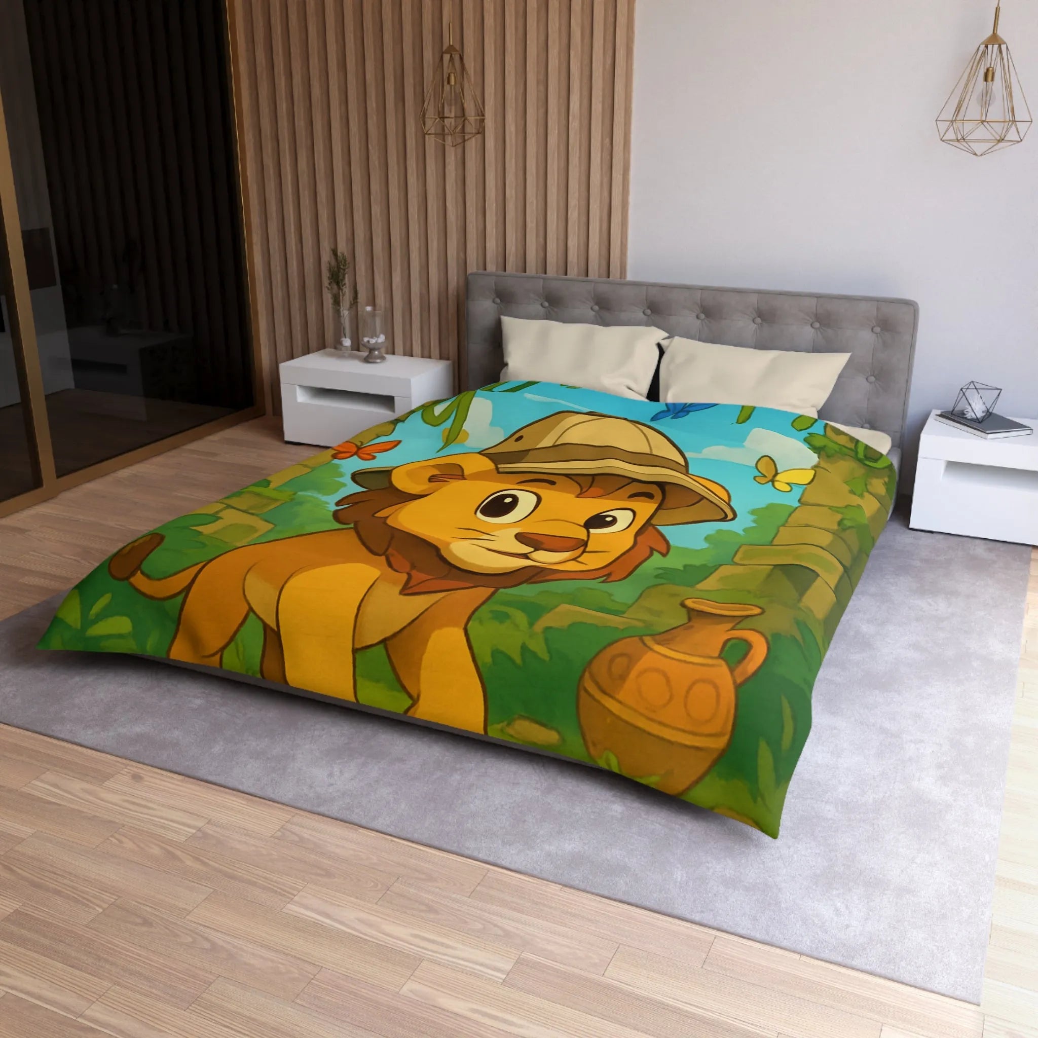 Housse de couette enfant safari lionceau explorateur avec papillons jungle dessin animé