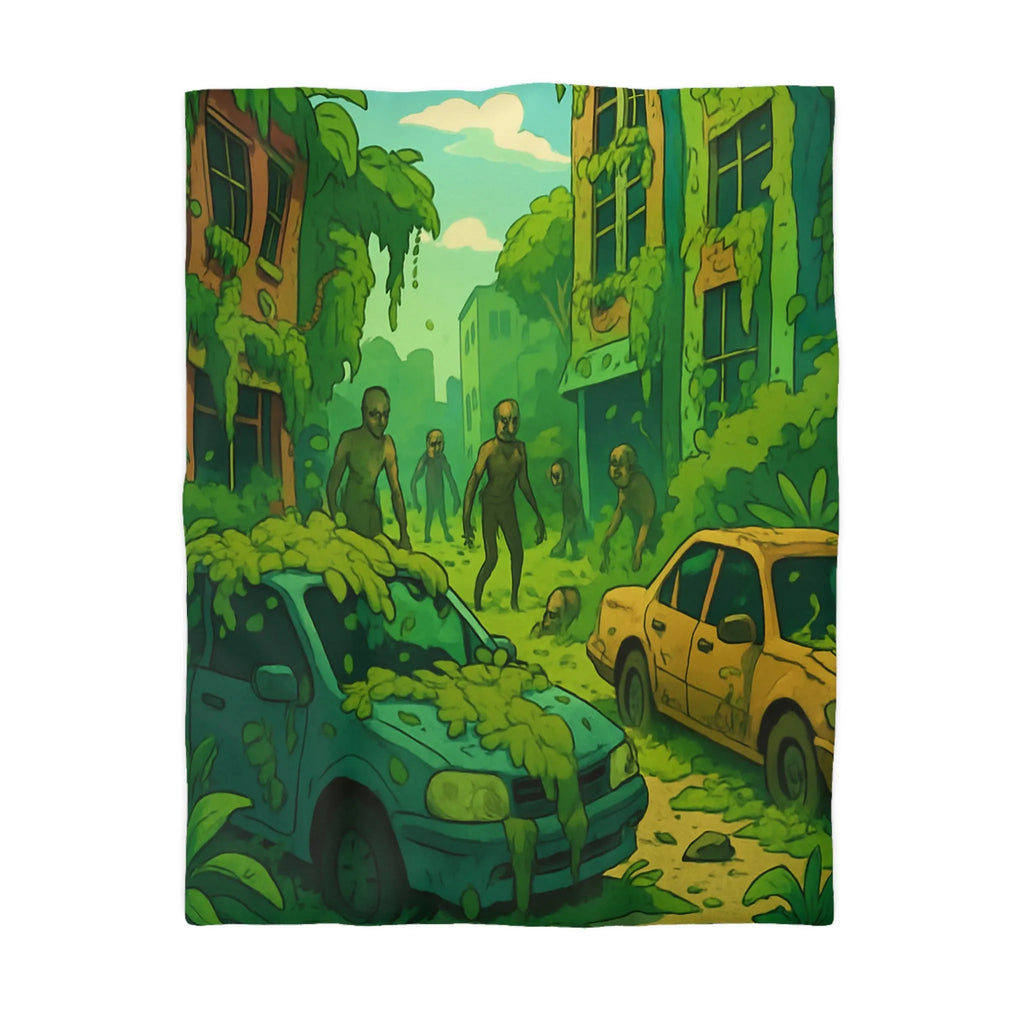 Housse de couette avec zombies et nature envahissante dans ville post-apocalyptique verte