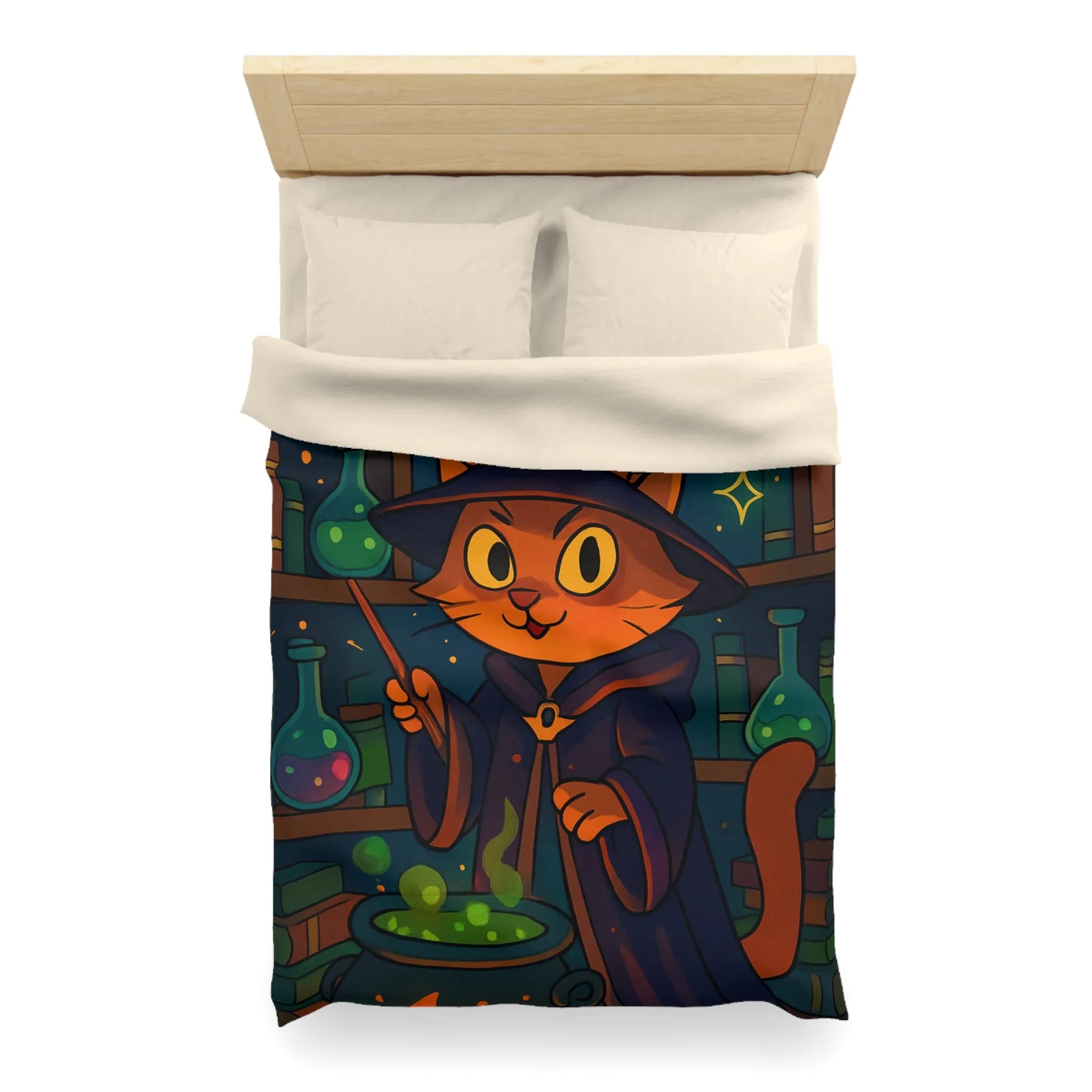 Housse de couette féline magique avec chat sorcier et chaudron dans bibliothèque colorée