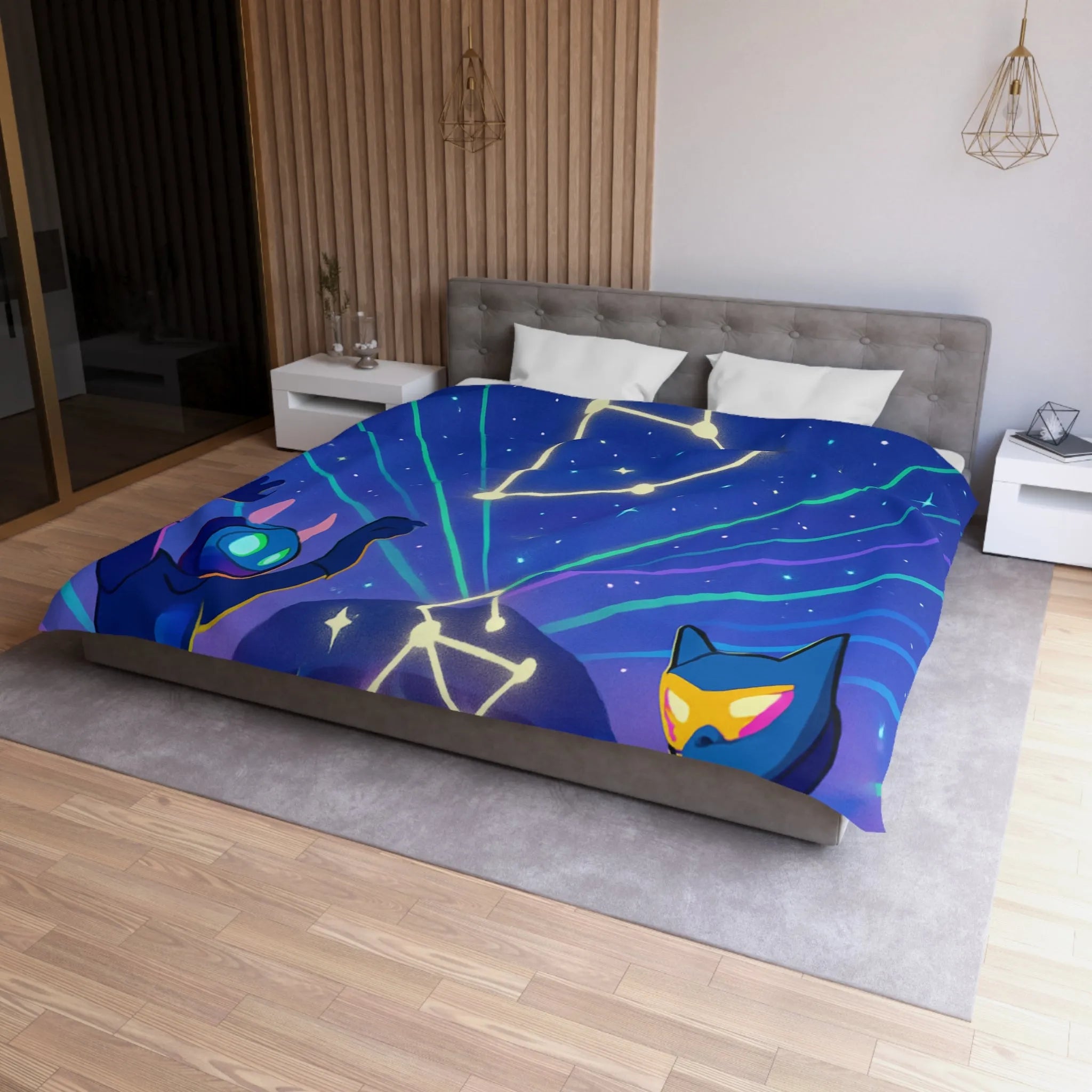 Housse de couette futuriste étoiles et créatures dansant sous un ciel étoilé lumineux