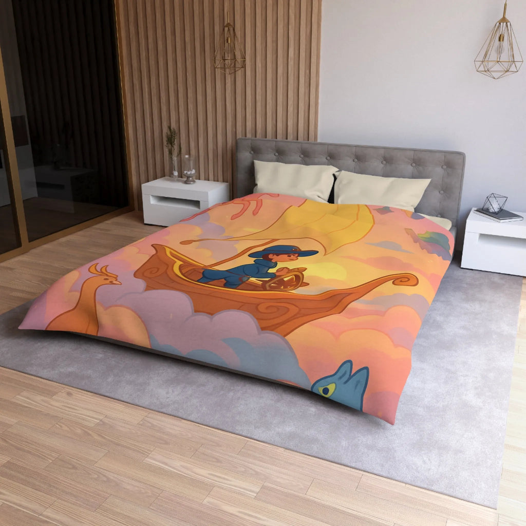 Housse de Couette Enchantée Avec Licorne et Bateau Volant Dans le Ciel Éthéré