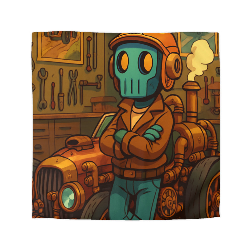 Housse de couette rétro steampunk avec voiture vintage et robot dans un atelier