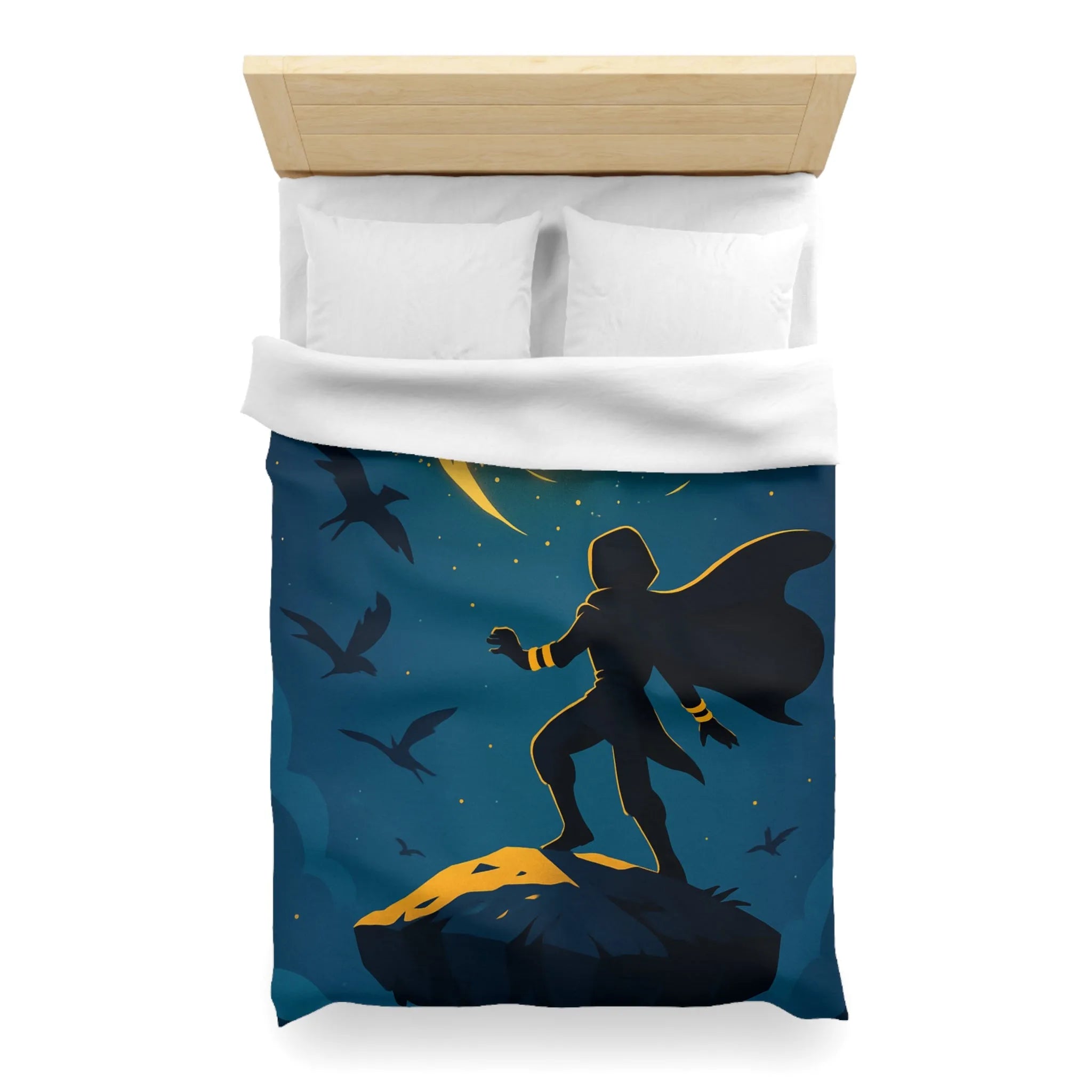 Housse de couette aventure magique, silhouette et spirale dorée dans ciel étoilé
