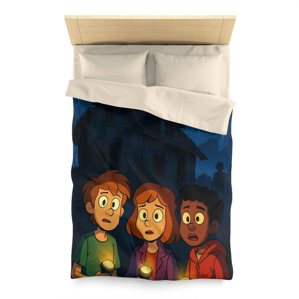 Housse de couette aventure mystérieuse, enfants explorant maison hantée sous lune rouge intrigante