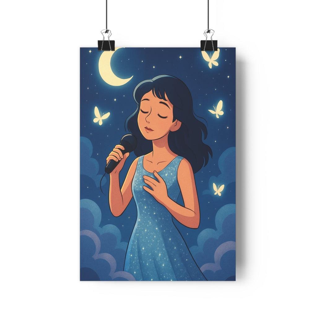 Poster décoratif féerique rose bleu cartoon rêveur chambre nuages papillons nuit lune 30x46 cm