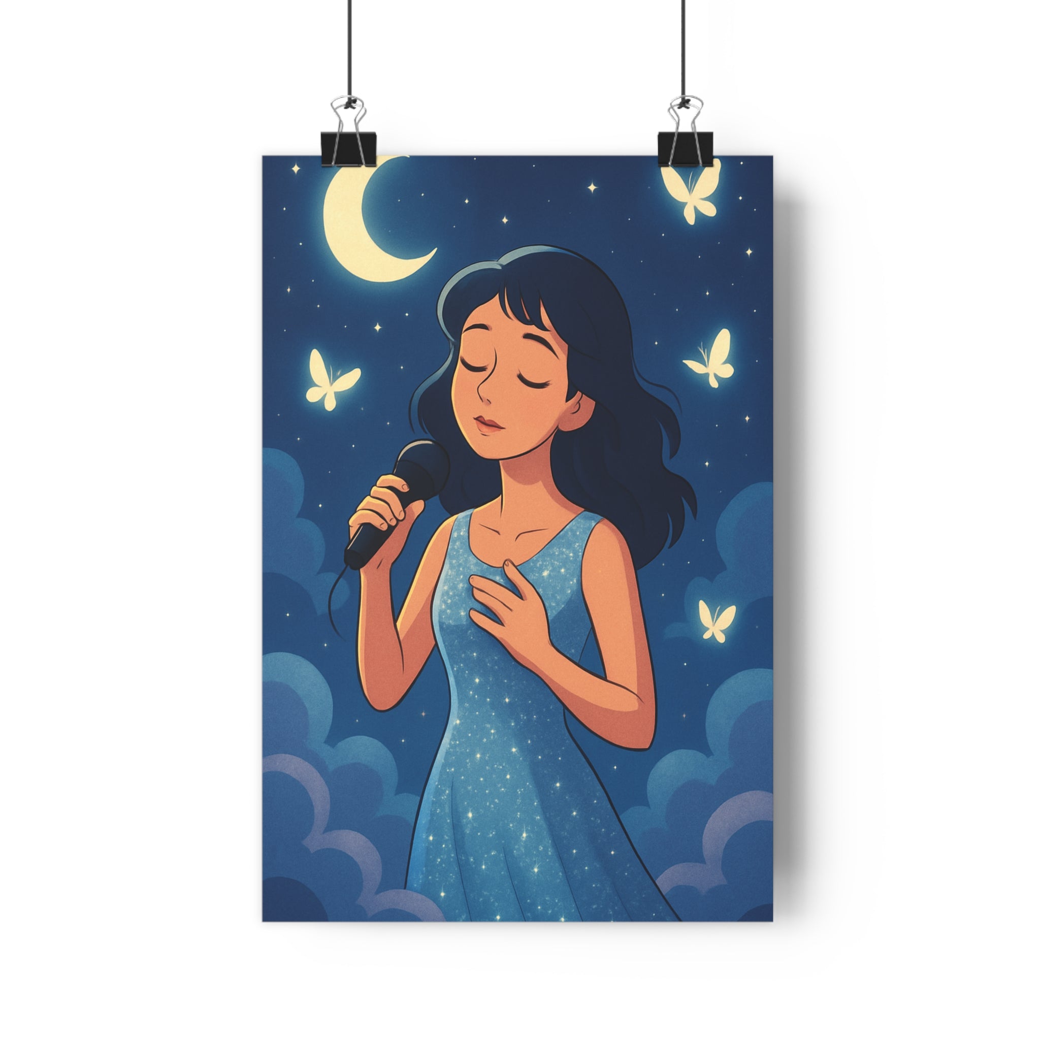 Poster décoratif féerique rose bleu cartoon rêveur chambre nuages papillons nuit lune 30x46 cm