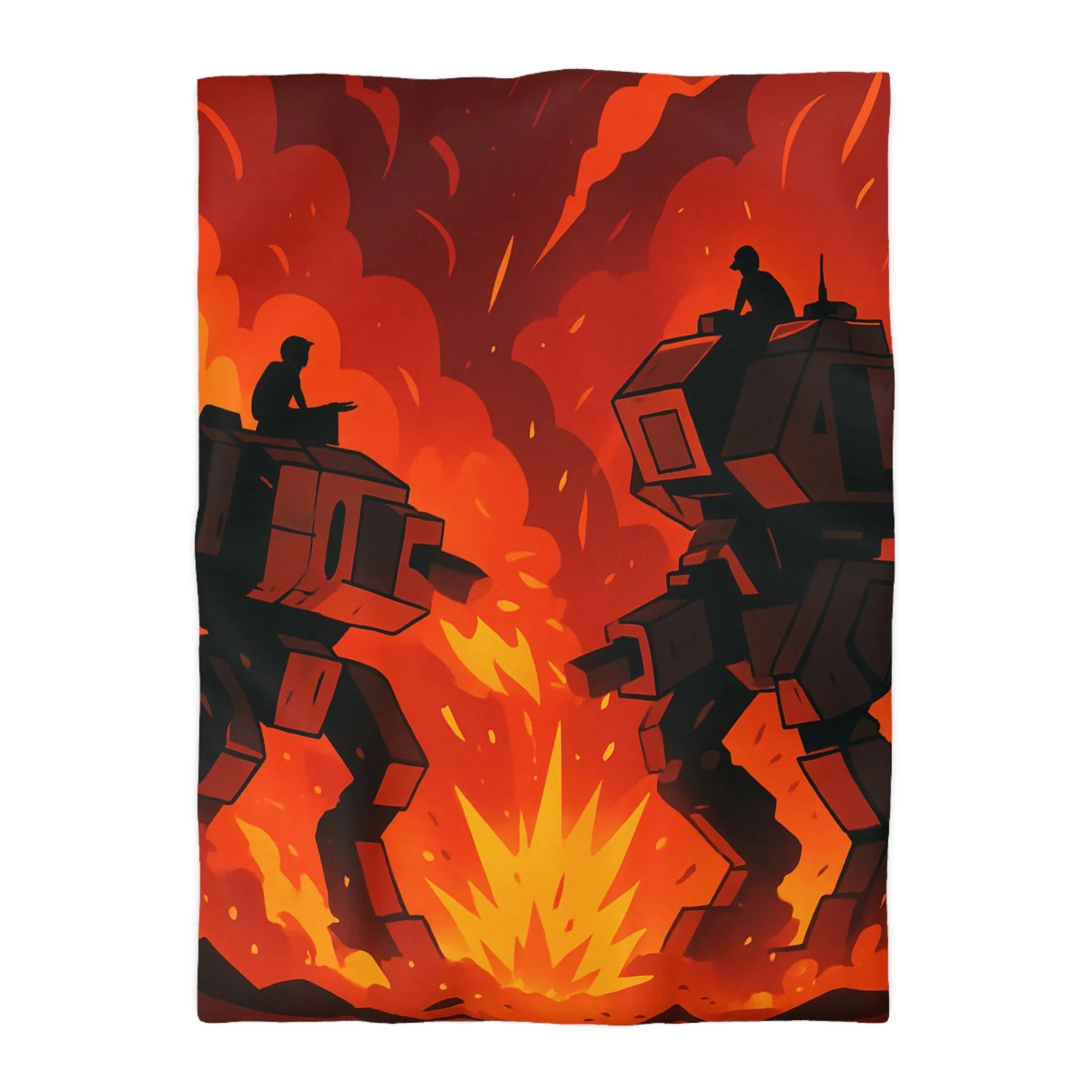 Housse de couette avec robots géants dans un duel épique sous ciel enflammé