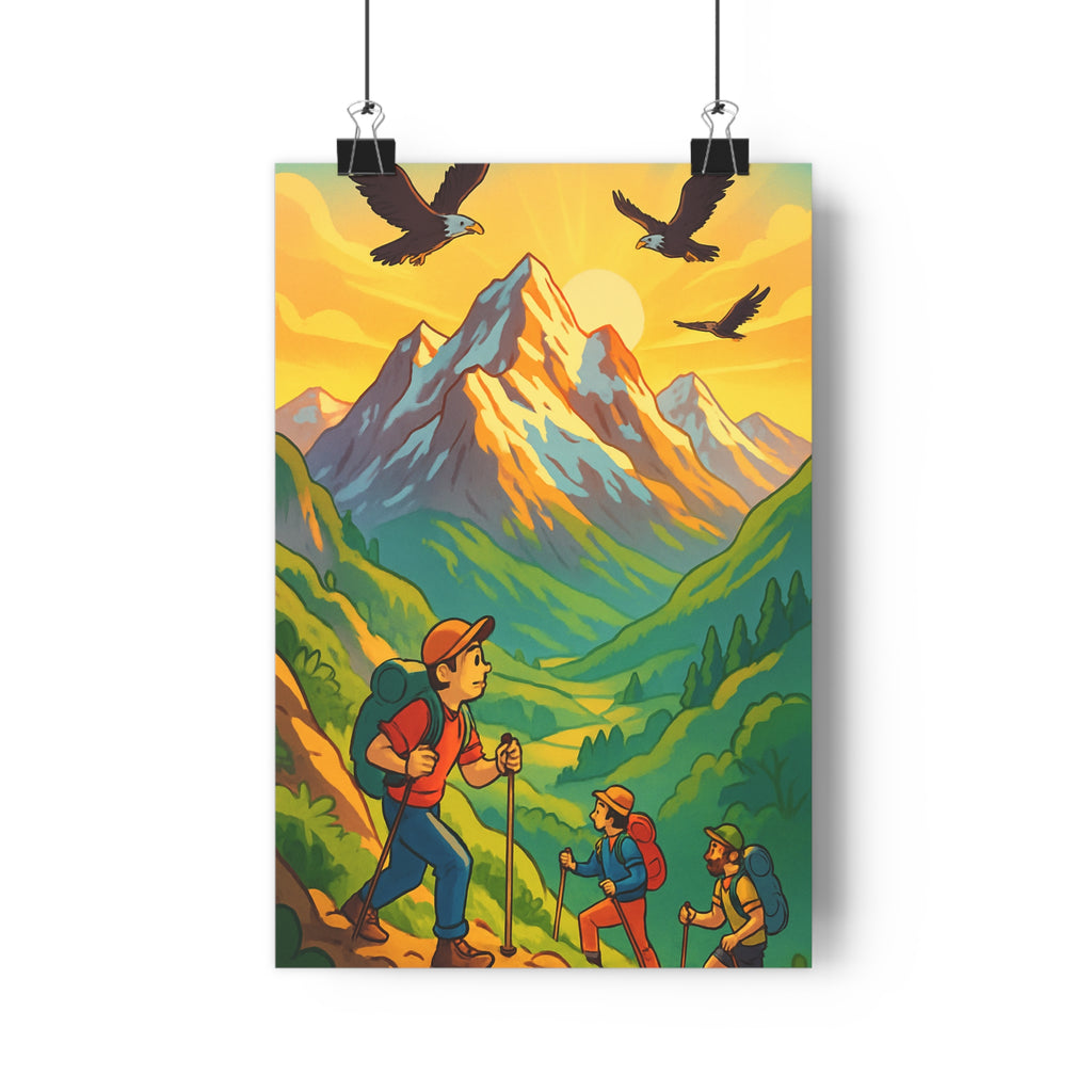 Poster décoratif aventure montagnes vert bleu cartoon dynamique salon bureau inspirant paysage nature qualité