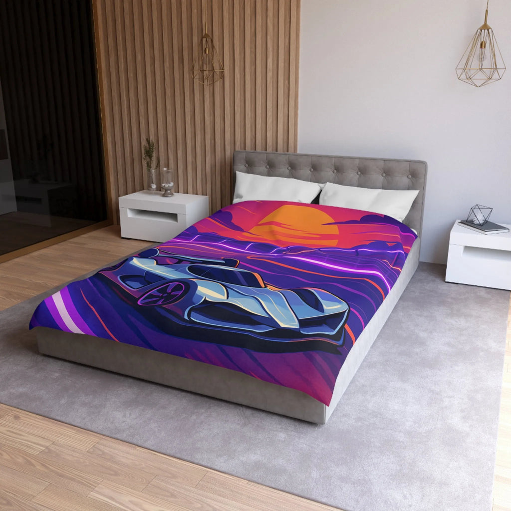 Housse de couette de voiture futuriste dérapante sur circuit éclairé au coucher du soleil