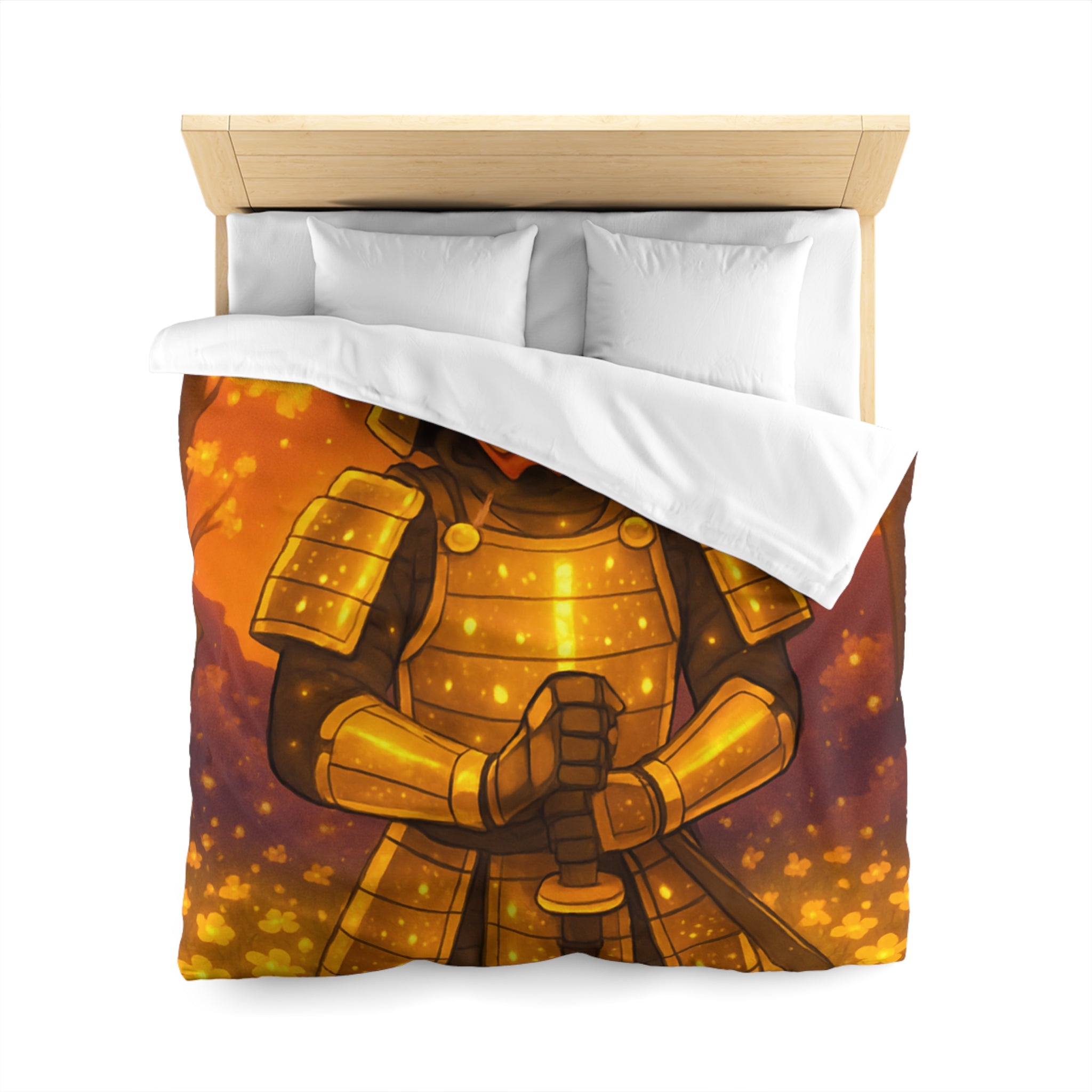 Housse de couette samouraï doré dans forêt magique, ambiance légendaire pour chambre zen