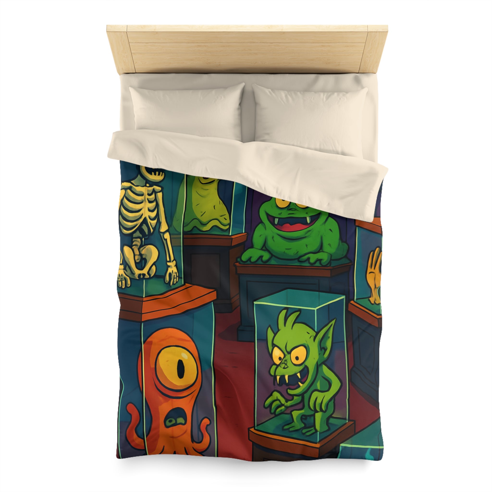 Housse de couette pour enfant avec monstres comiques dans un musée fantaisiste et coloré