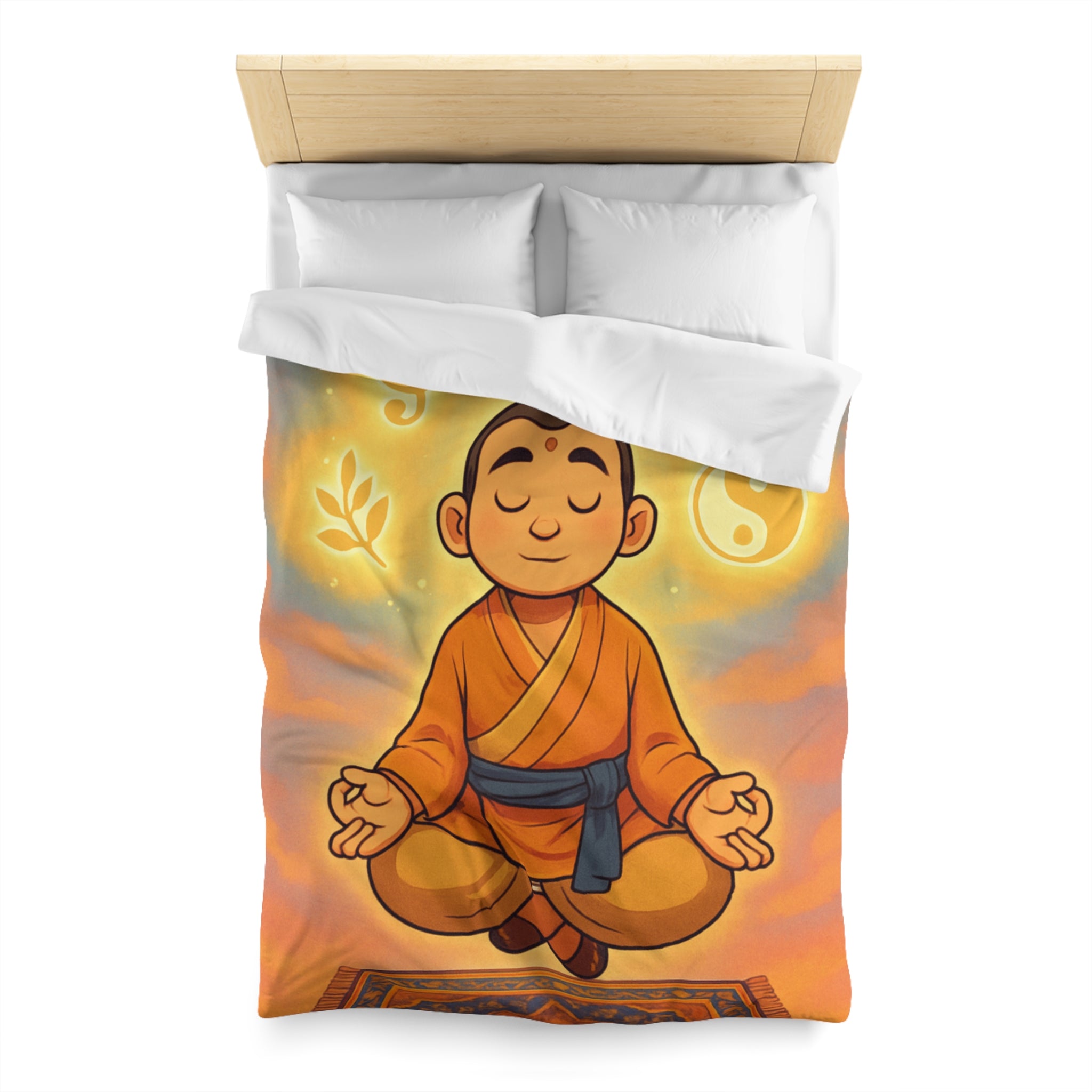 Housse de couette zen avec méditation, symboles spirituels, orange et bleu apaisant