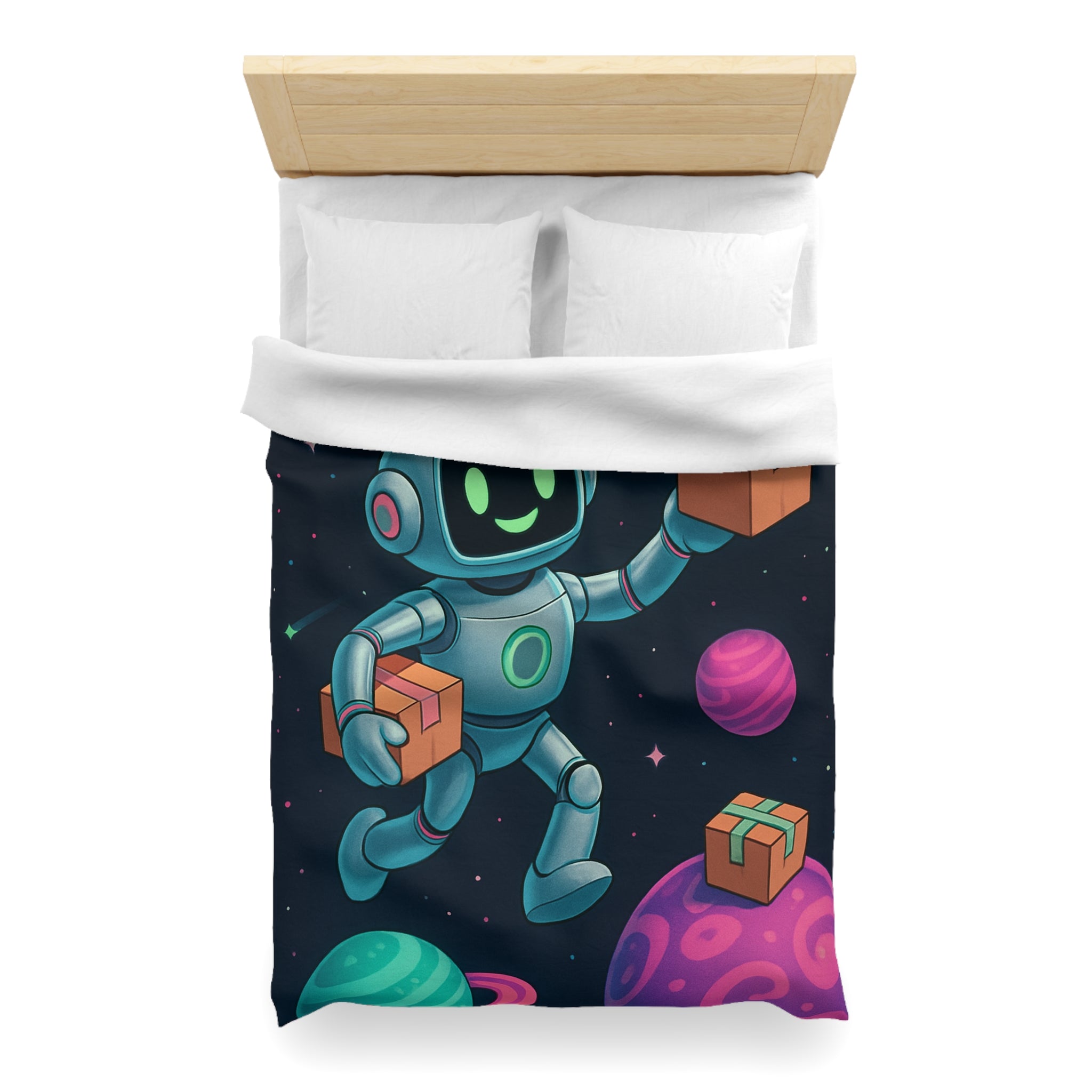 Housse de Couette Spatiale avec Robot Jovial et Planètes Colorées pour Enfants