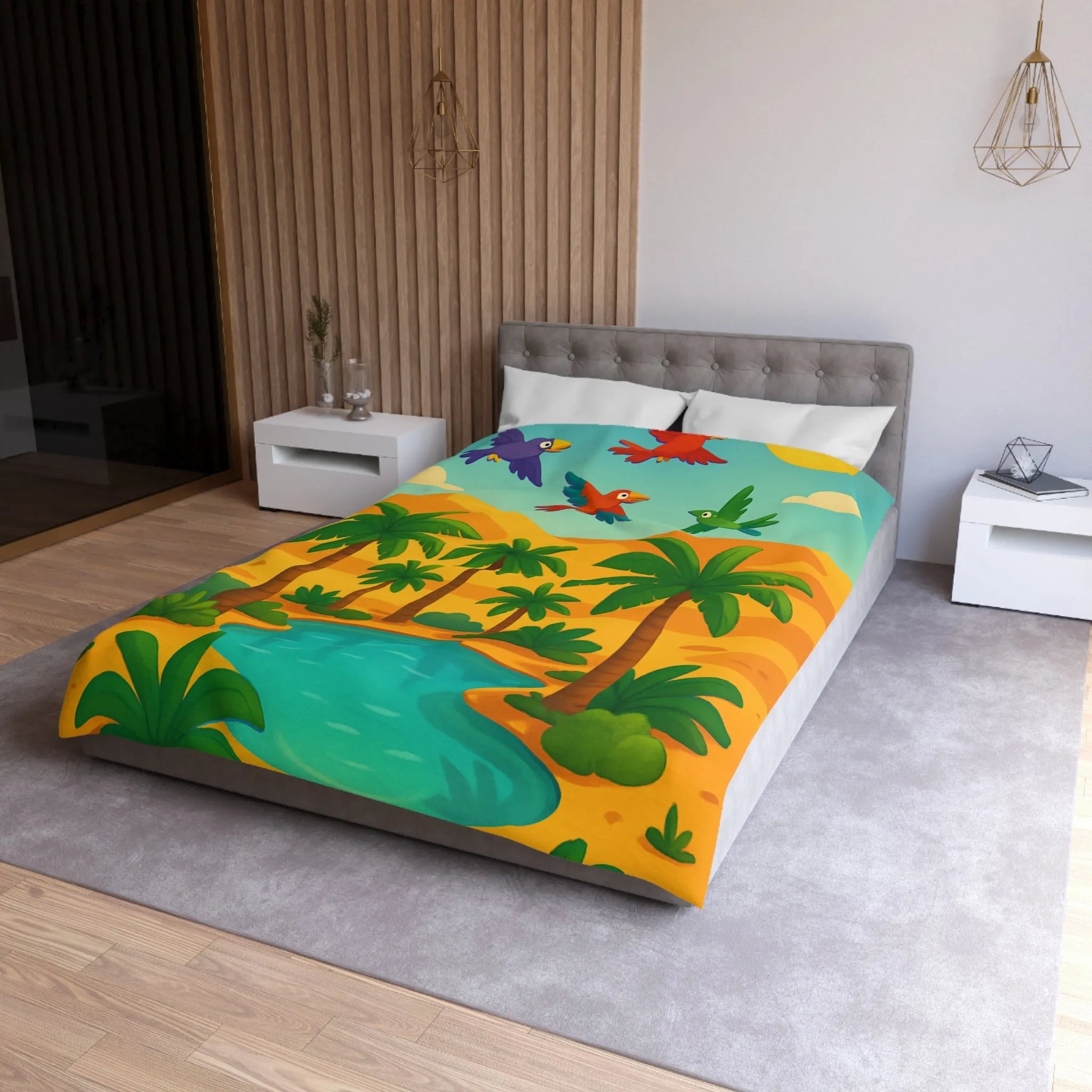 Housse de couette exotique avec palmiers, oiseaux colorés et oasis dans le désert