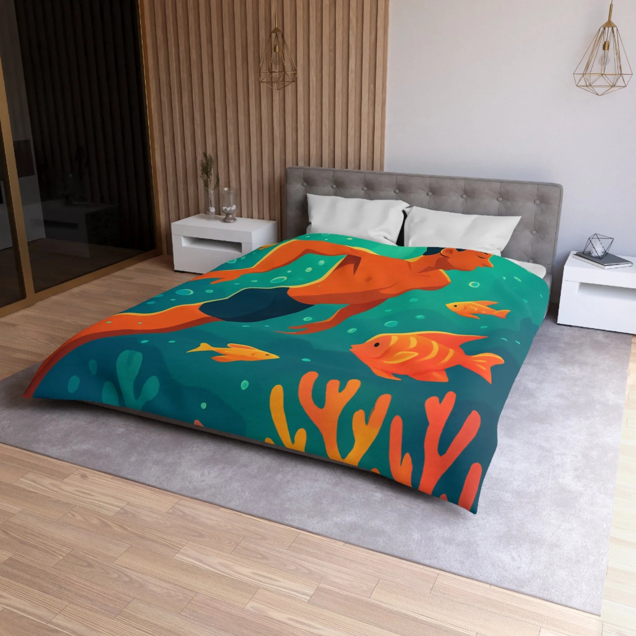 Housse de couette avec motif nageur et poissons tropicaux vifs pour chambre apaisante