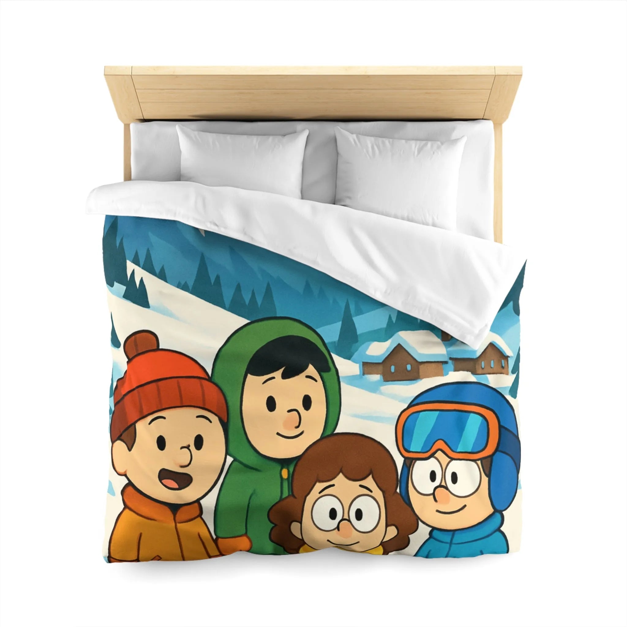 Housse de couette avec enfants joyeux et montagnes enneigées pour chambre d'enfant