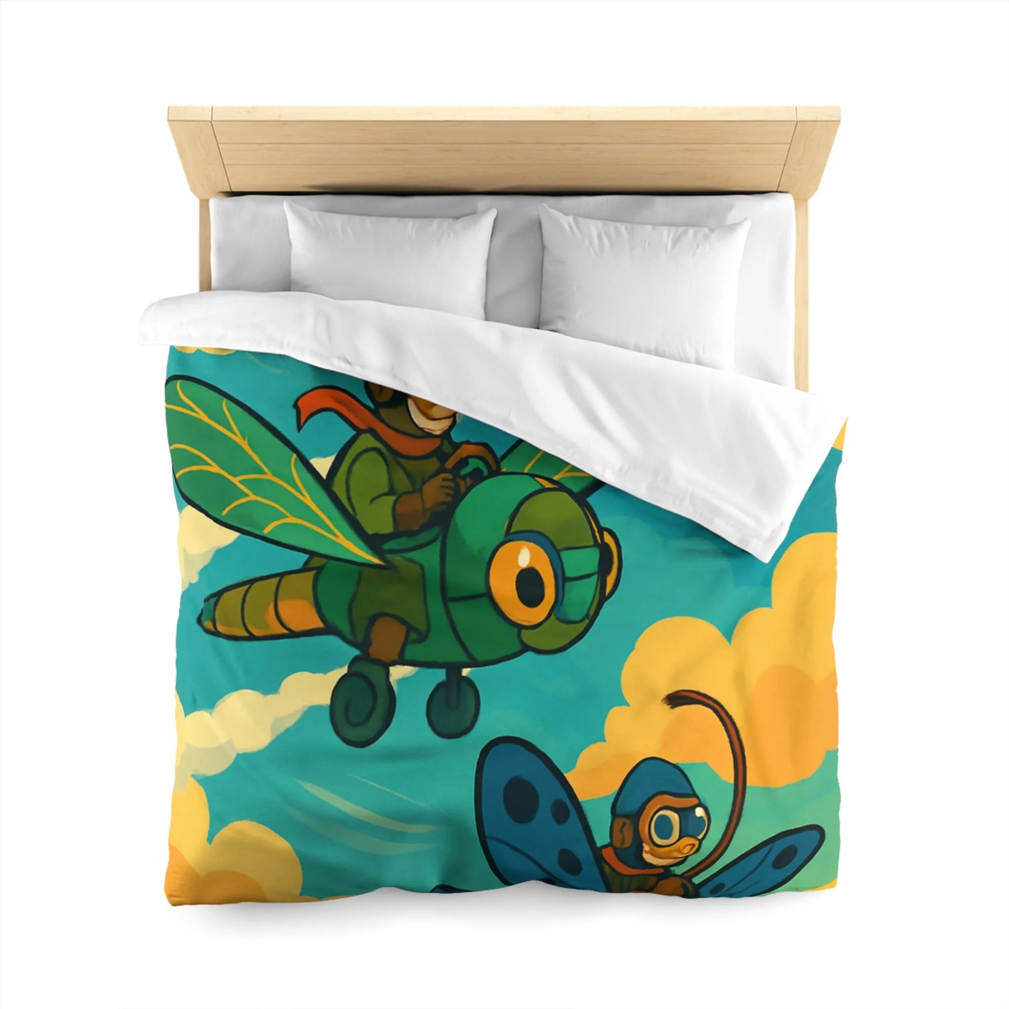 Housse de couette avec motif ludique d'avions insectes sur fond de ciel coloré