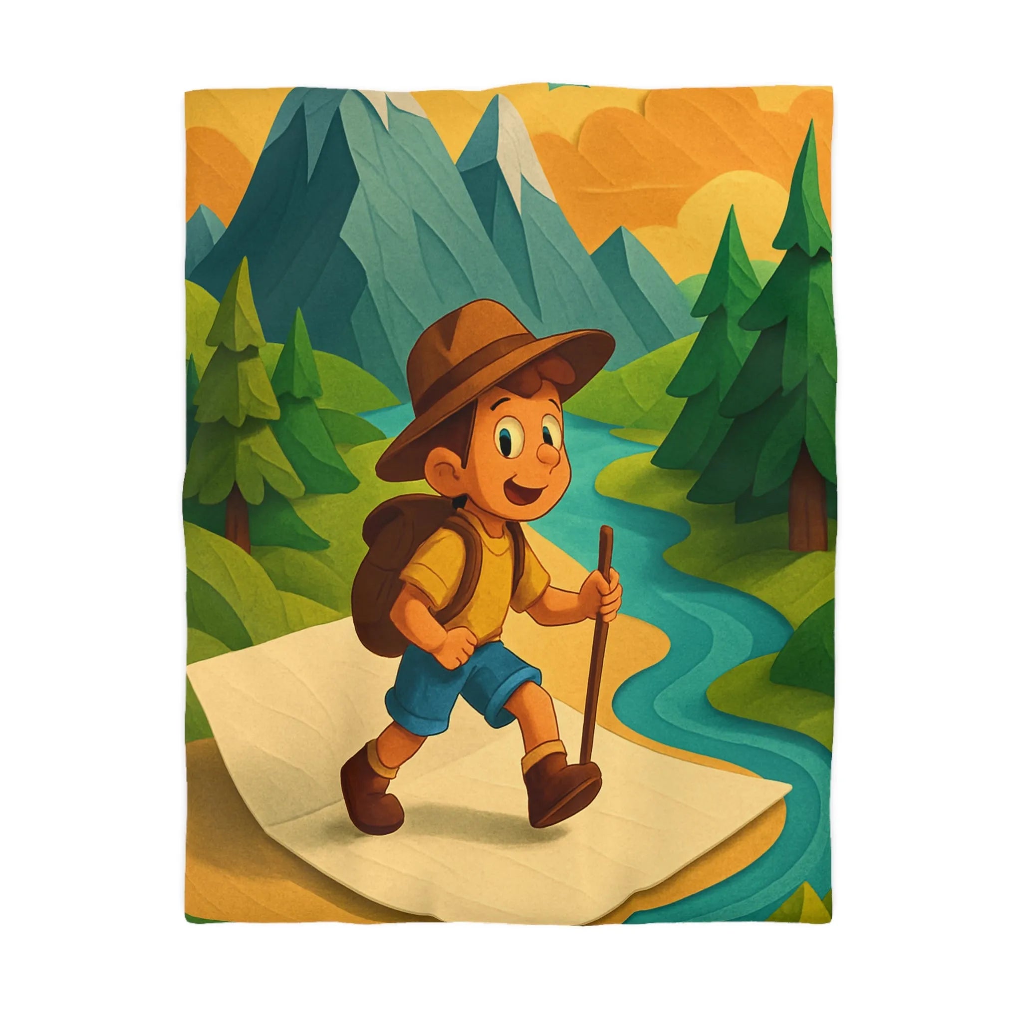Housse de couette aventure enfantine avec montagne, rivière et jeune explorateur joyeux