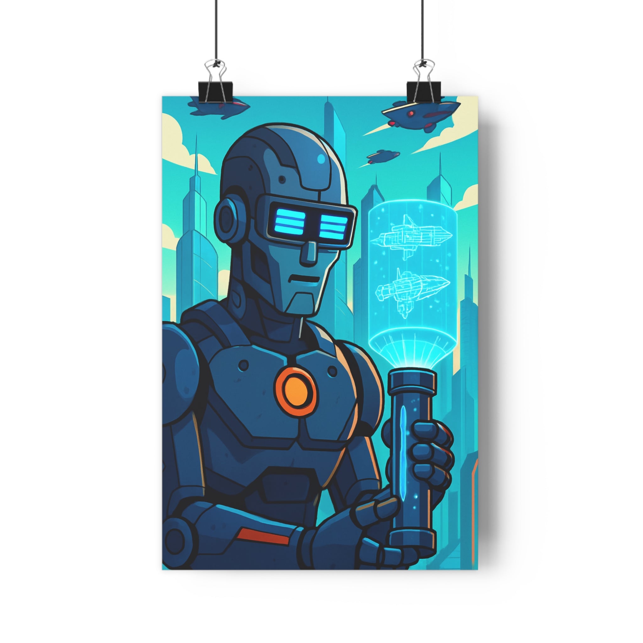 Poster décoratif futuriste robot néon bleu orange cyberpunk moderne bureau espace 30x46 cm intrigue