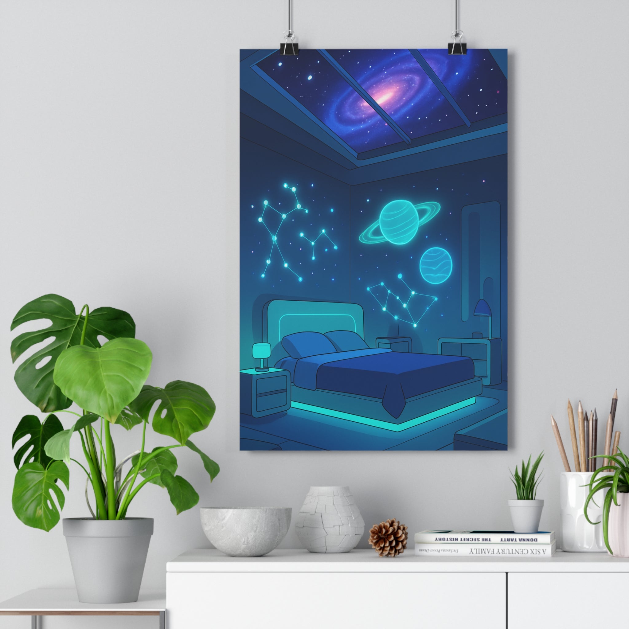 Poster décoratif moderne chambre futuriste bleu violet néon constellations galaxie étoiles apaisant ambiance sereine