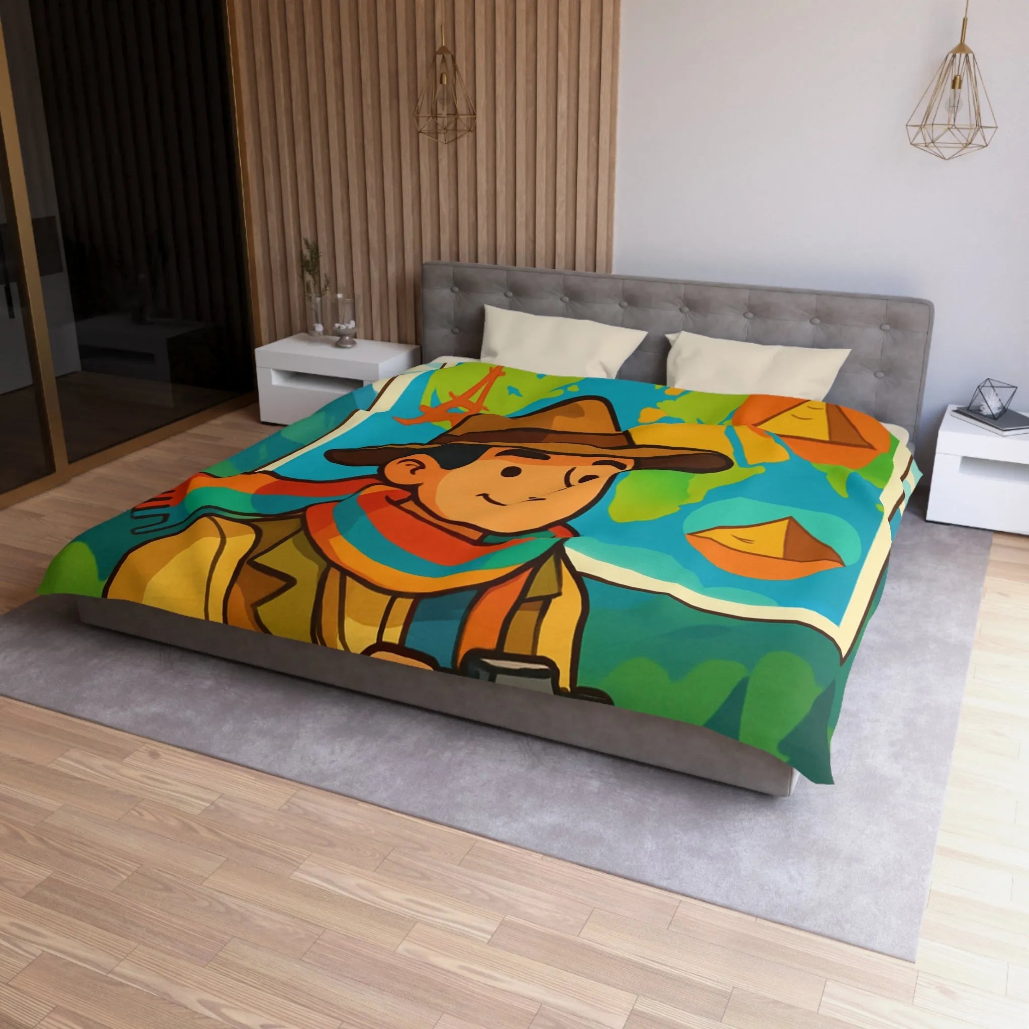 Housse de Couette Aventure Monde Carte Explorateur avec Illustrations Colorées et Éléments Culturels