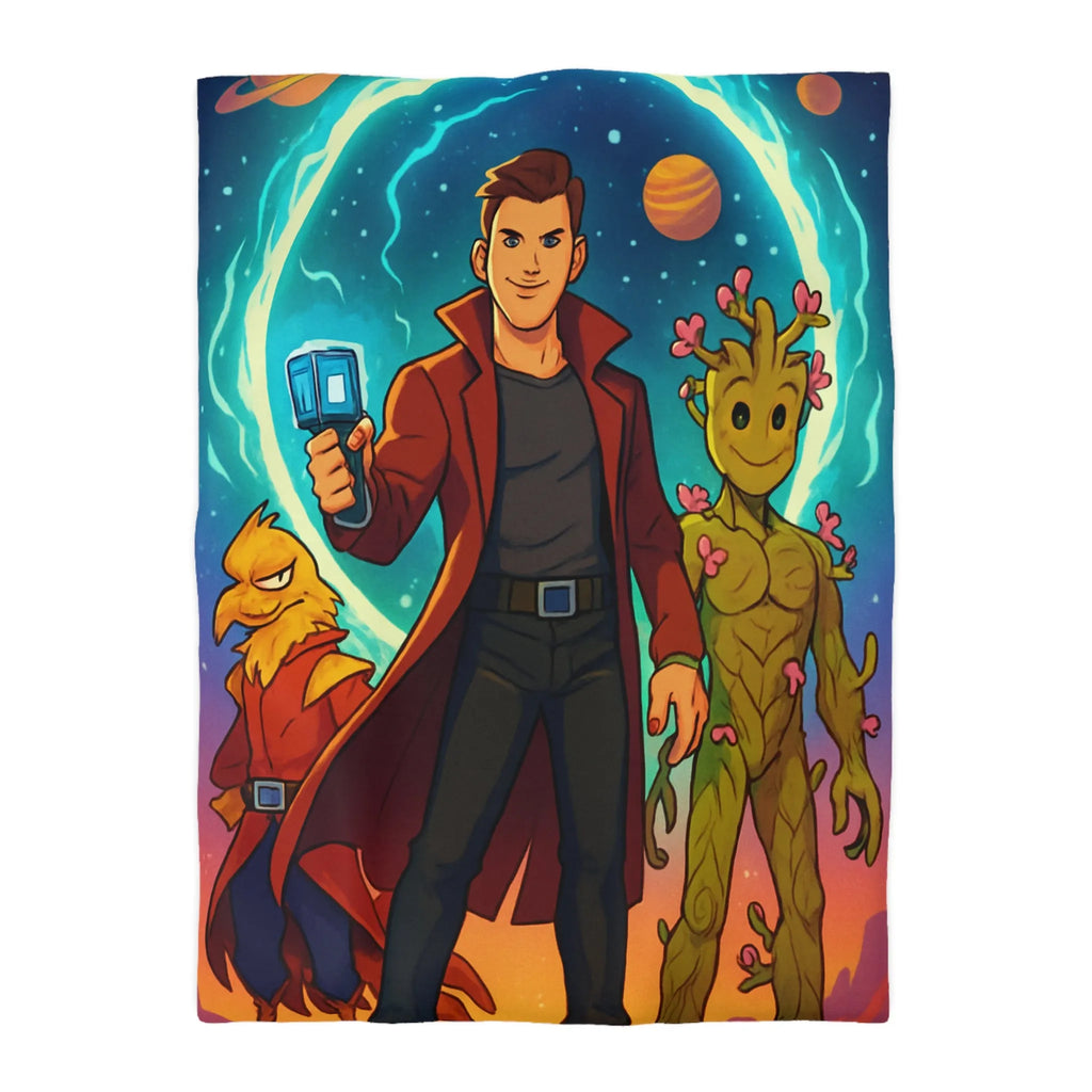 Housse de couette espace avec personnages héroïques colorés et univers rétro futuriste