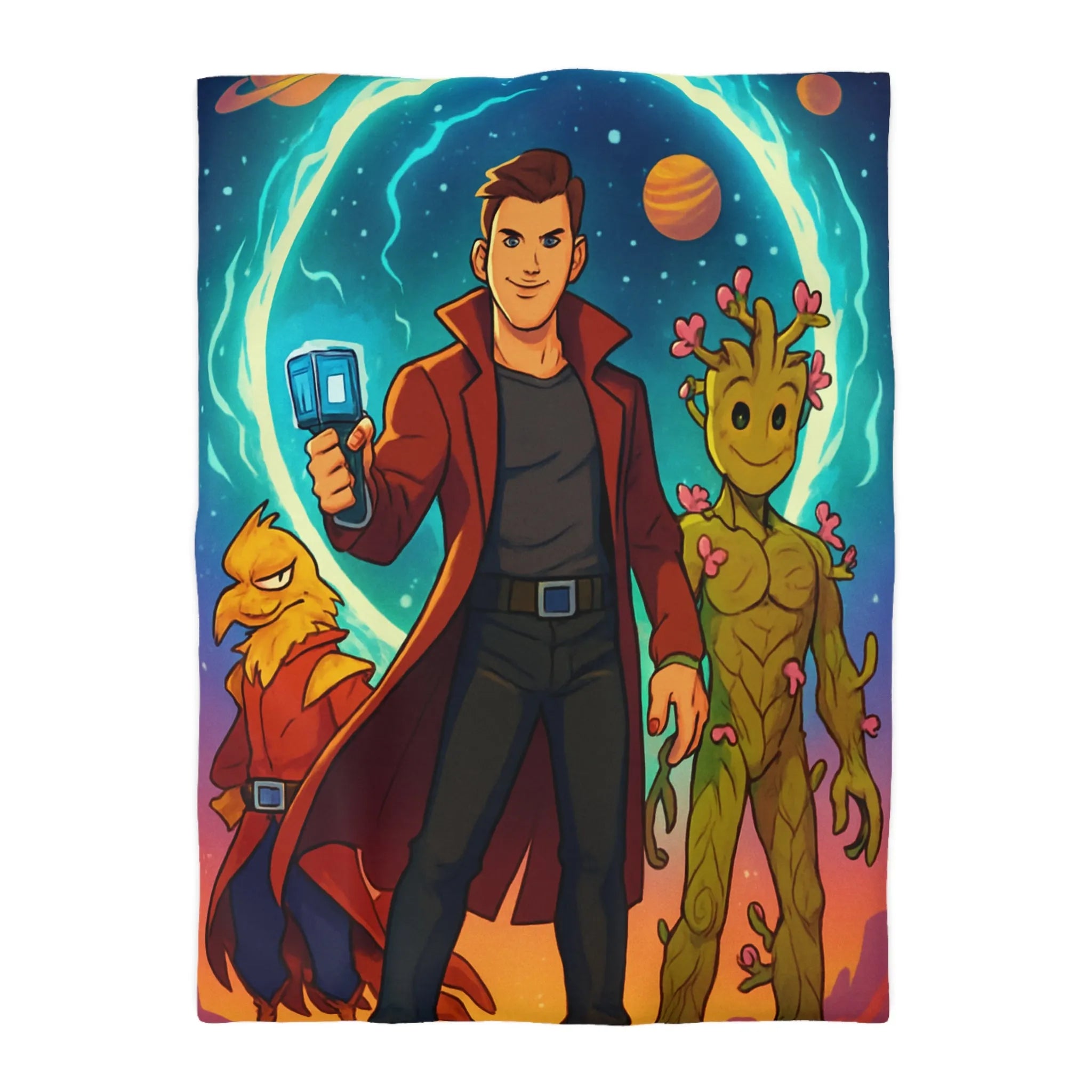 Housse de couette espace avec personnages héroïques colorés et univers rétro futuriste