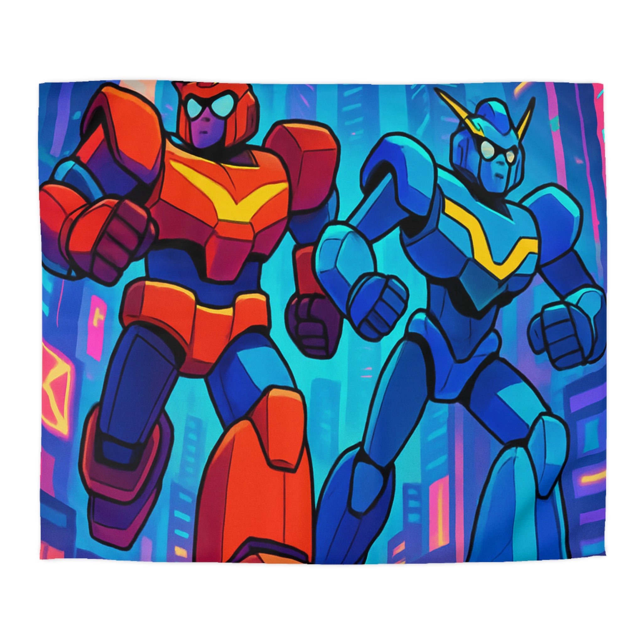 Housse de couette robot futuriste colorée, style rétro avec ambiance urbaine dynamique