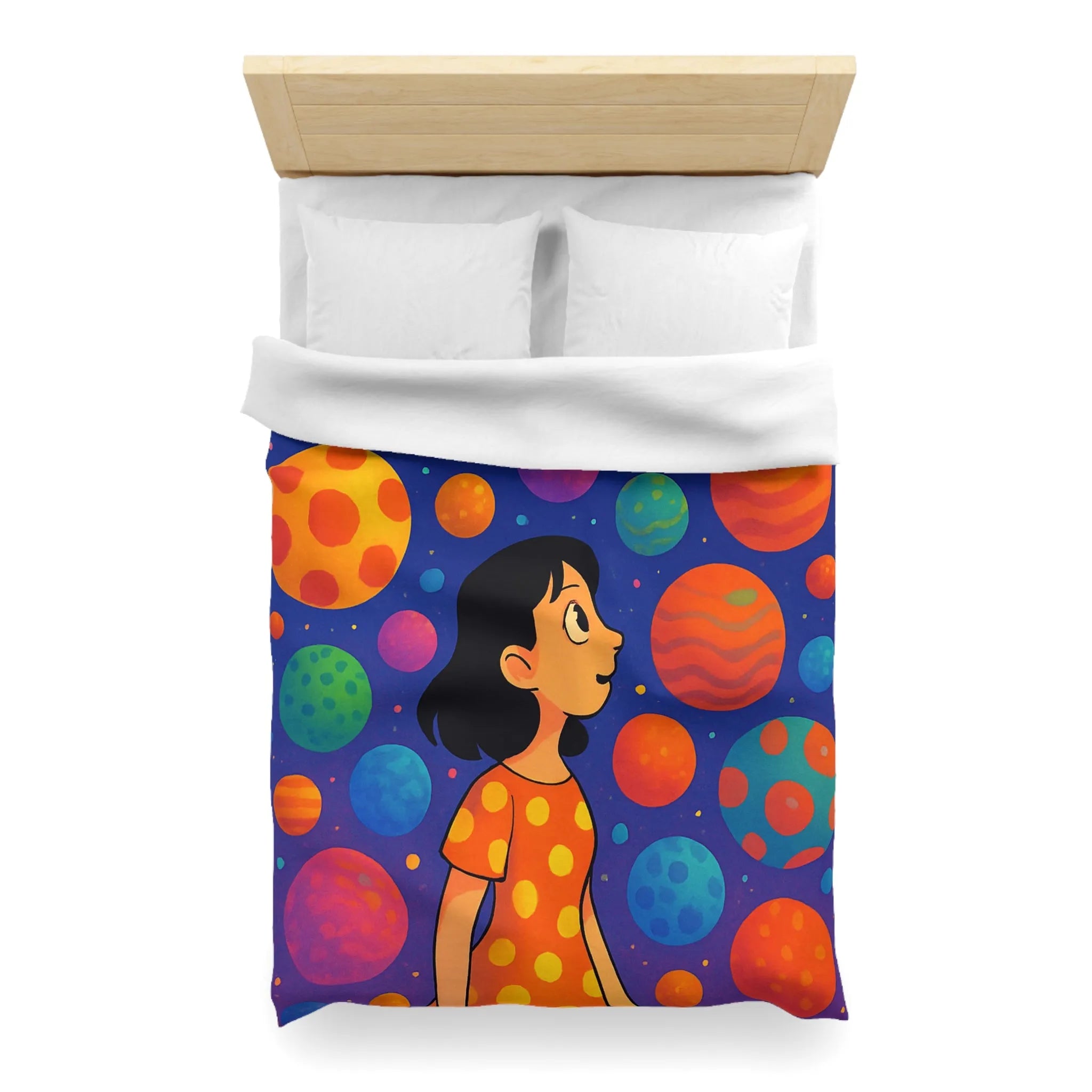 Housse de couette colorée avec motif de planètes et enfant rêveur dans l'espace