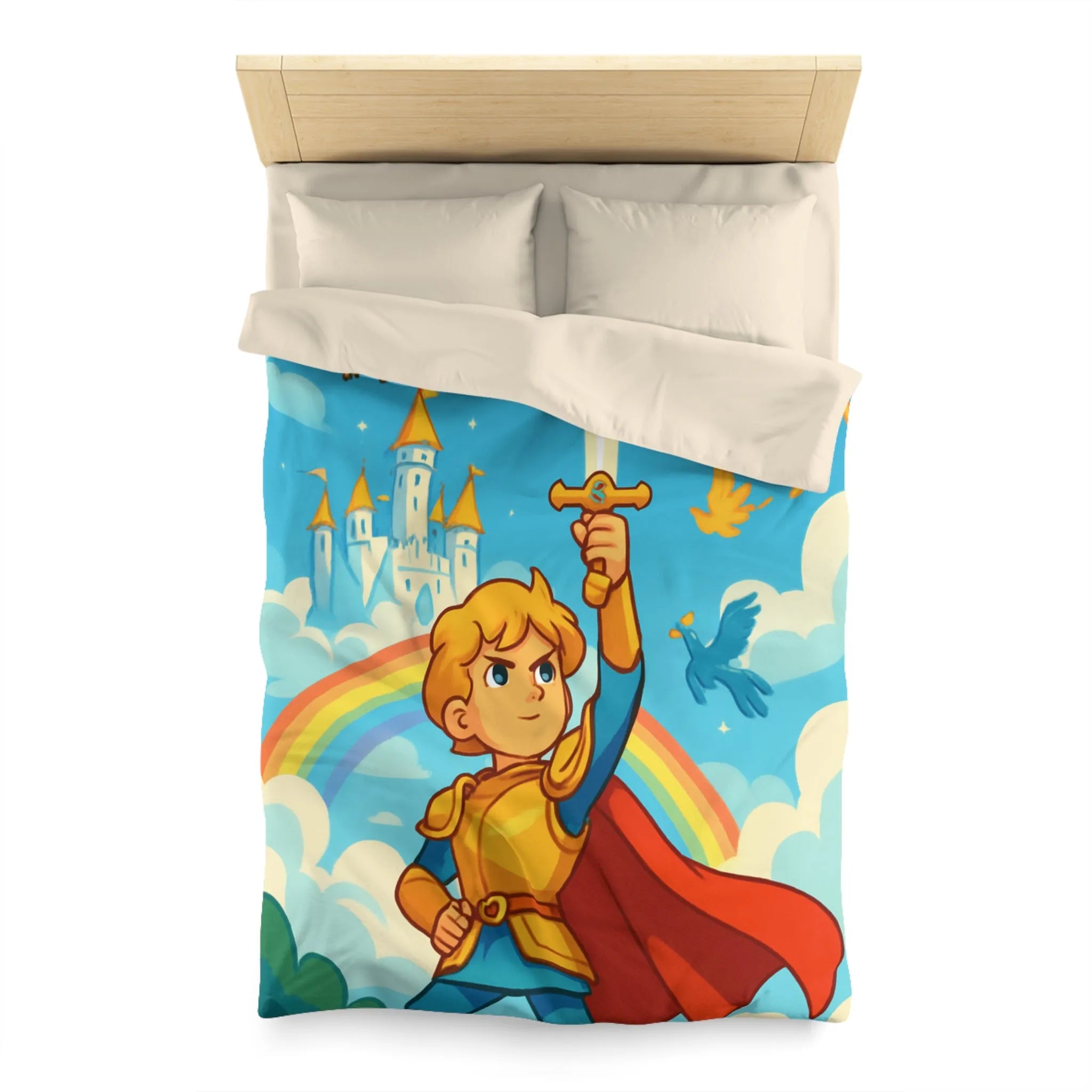 Housse de couette avec chevalier héroïque, arc-en-ciel et château féerique, thème aventure