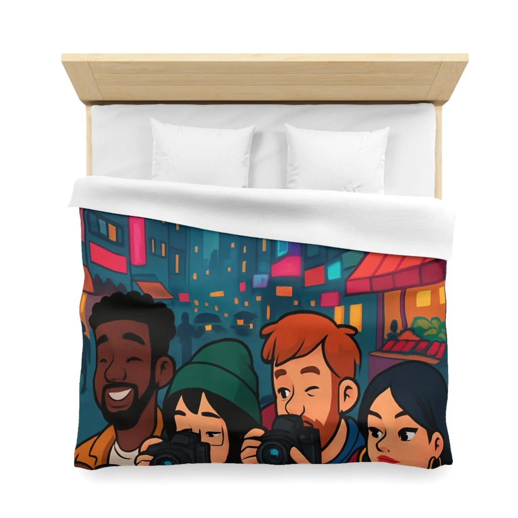 Housse de couette avec photographe urbain, design moderne et ambiance néon vibrante