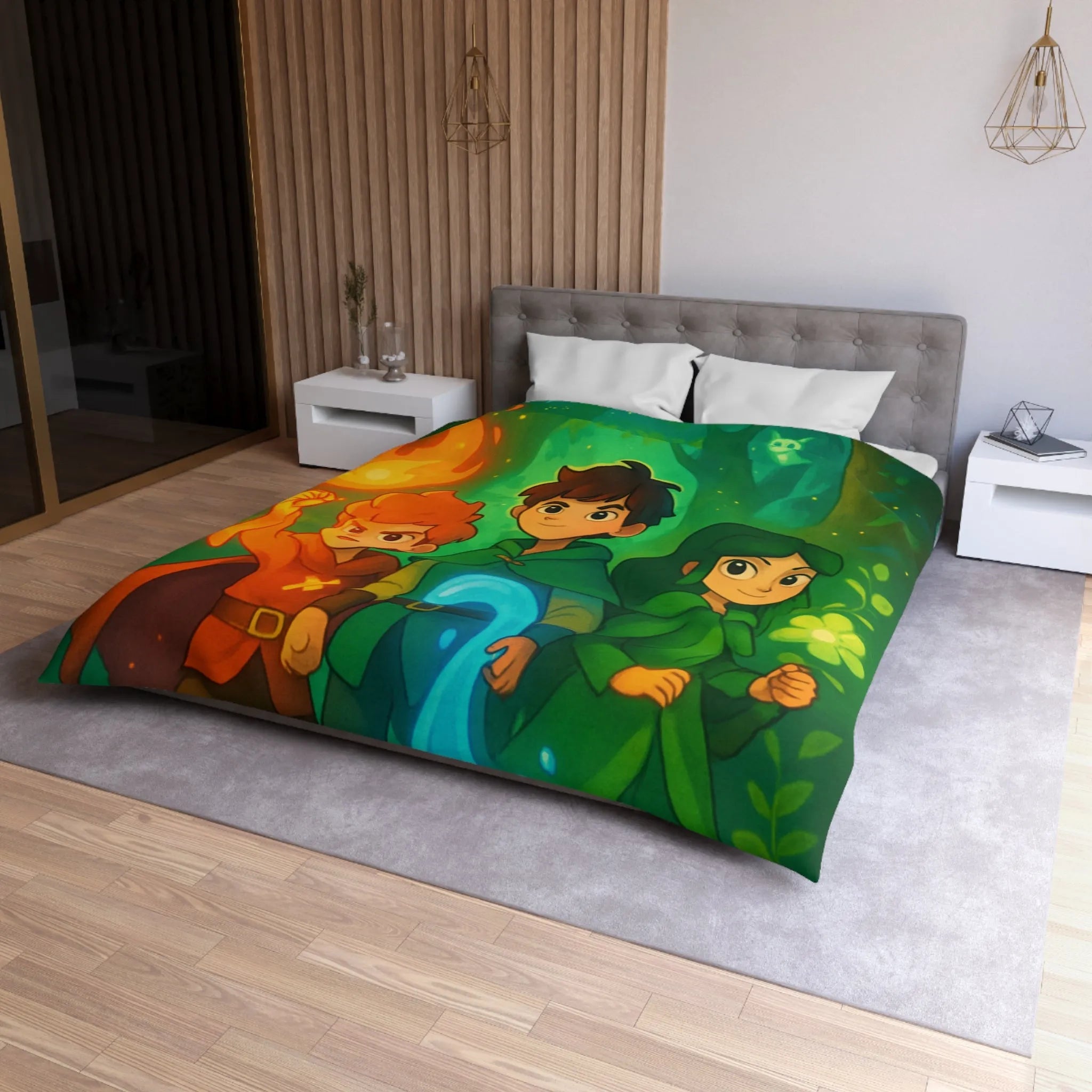 Housse de couette enchantée avec personnages magiques dans une forêt lumineuse et colorée